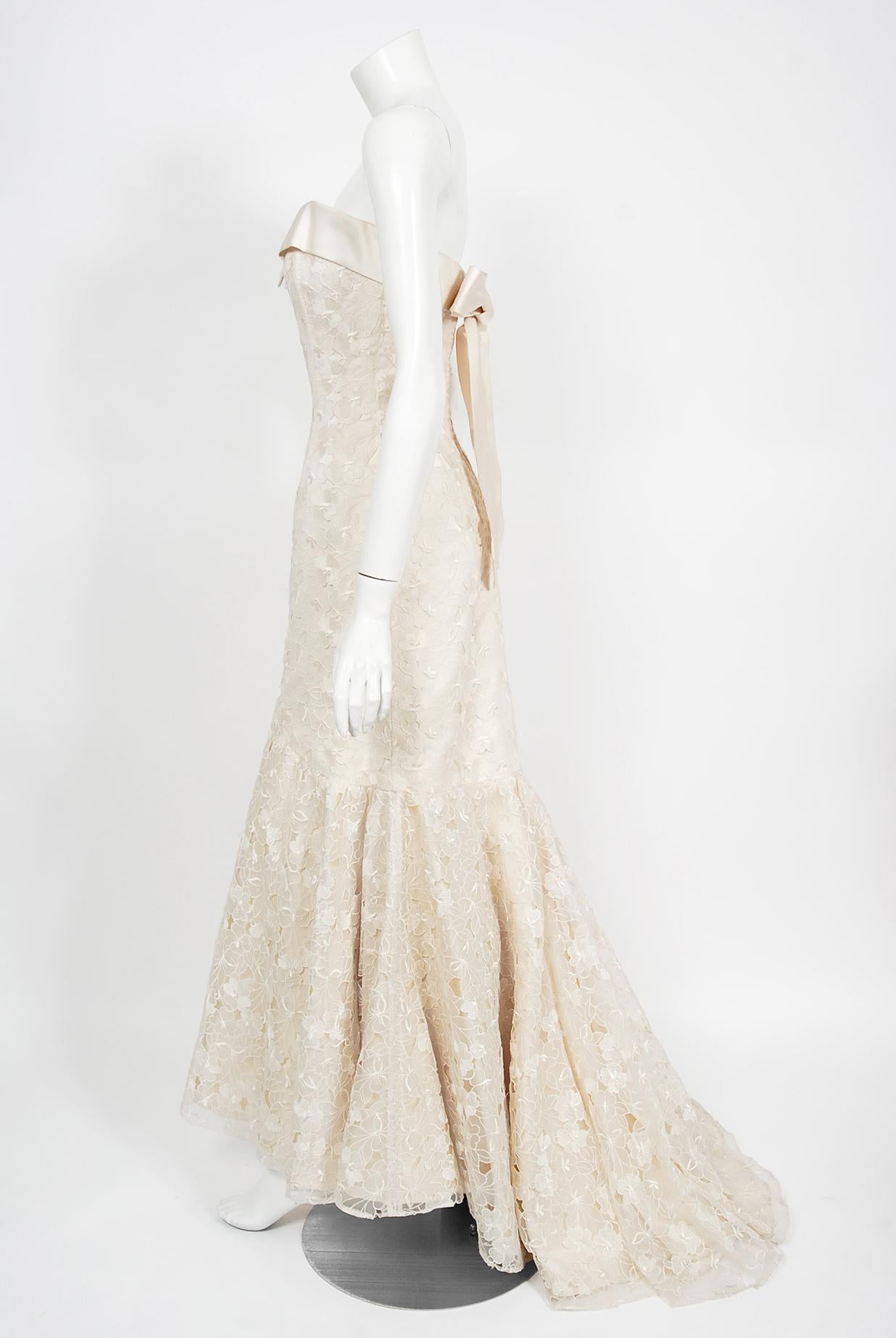 Beige Vintage 1990s Nolan Miller Couture Ivory Embroidered Silk Strapless Mermaid Gown For Sale