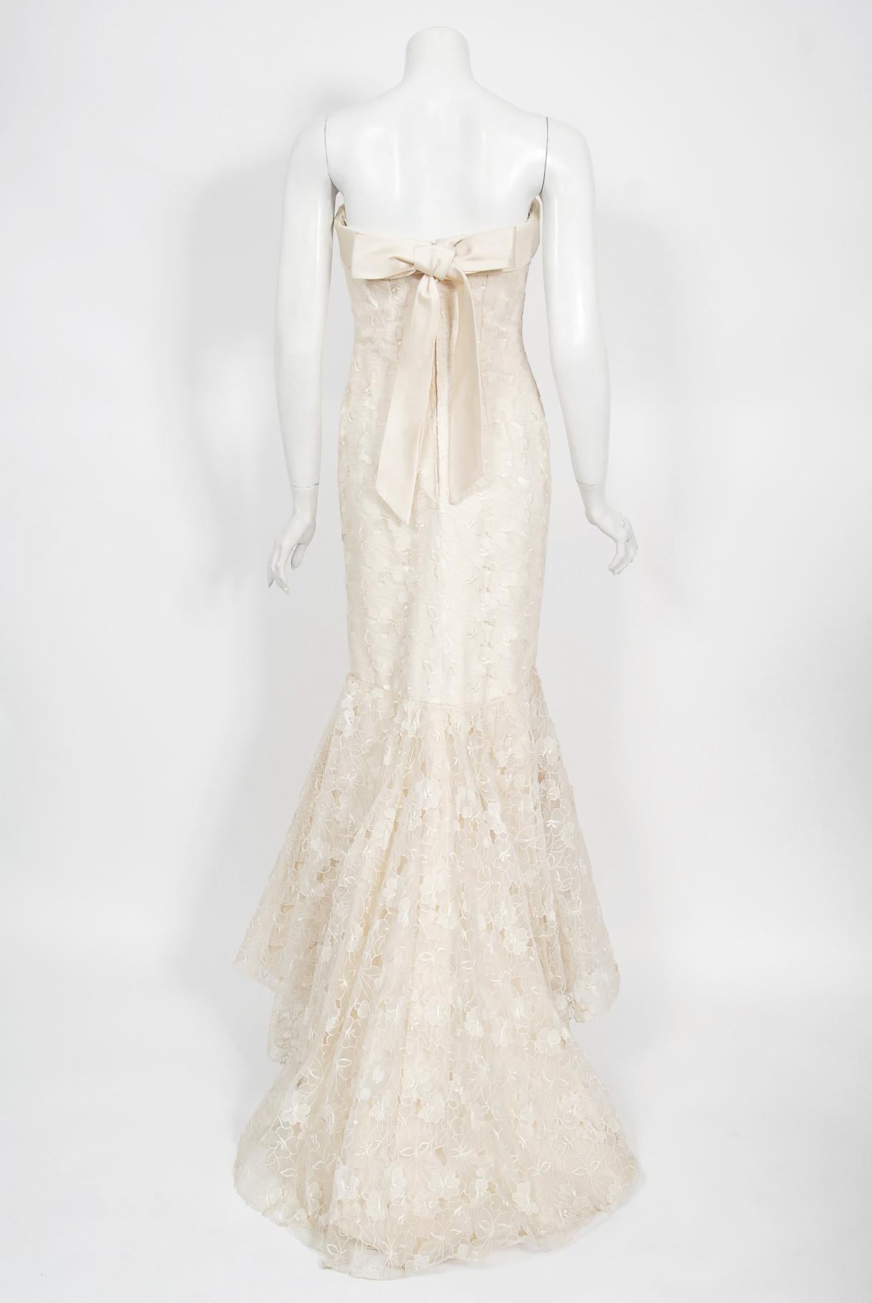 Women's Vintage 1990s Nolan Miller Couture Ivory Embroidered Silk Strapless Mermaid Gown For Sale