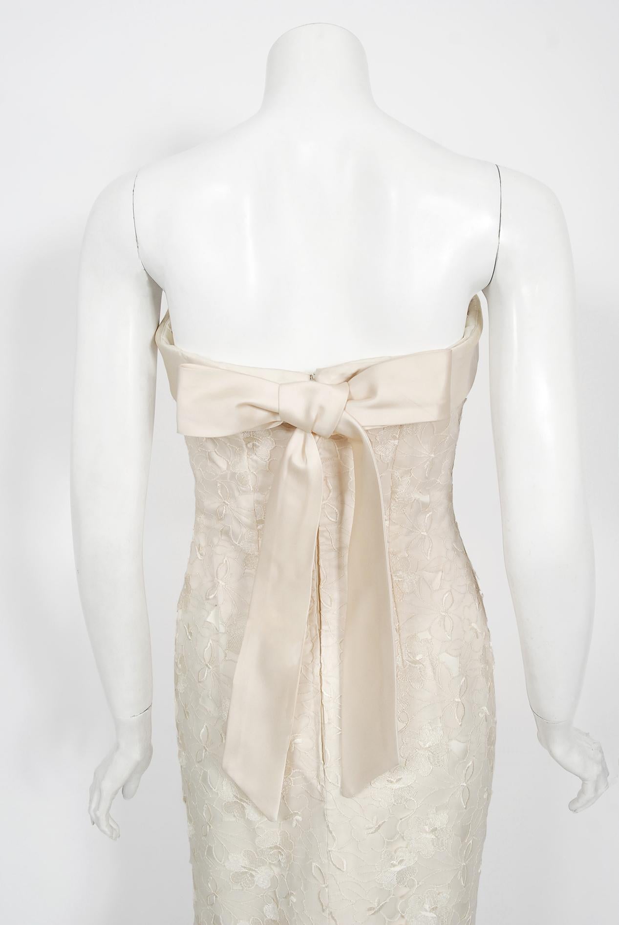 Vintage 1990s Nolan Miller Couture Ivory Embroidered Silk Strapless Mermaid Gown For Sale 1