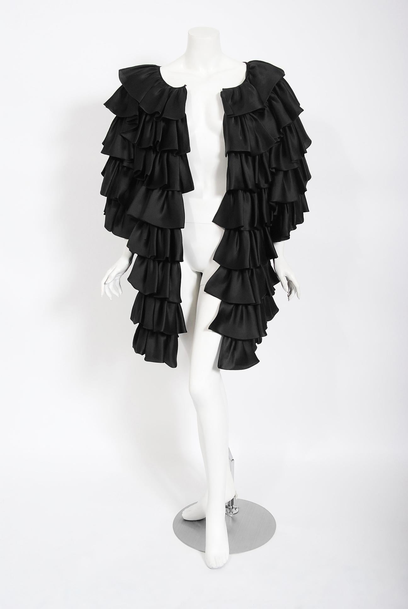 Vintage 1990's Oscar de la Renta Black Silk Tiered-Ruffle Short Sleeve Jacket 1