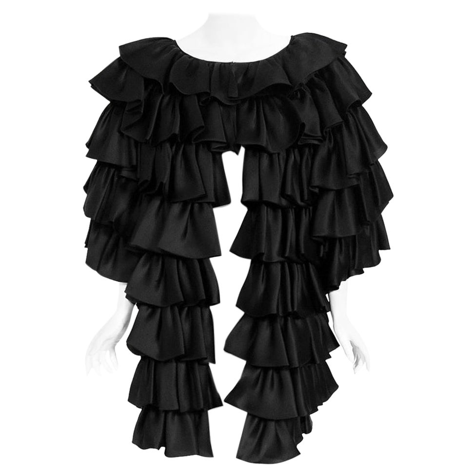 Vintage 1990's Oscar de la Renta Black Silk Tiered-Ruffle Short Sleeve Jacket