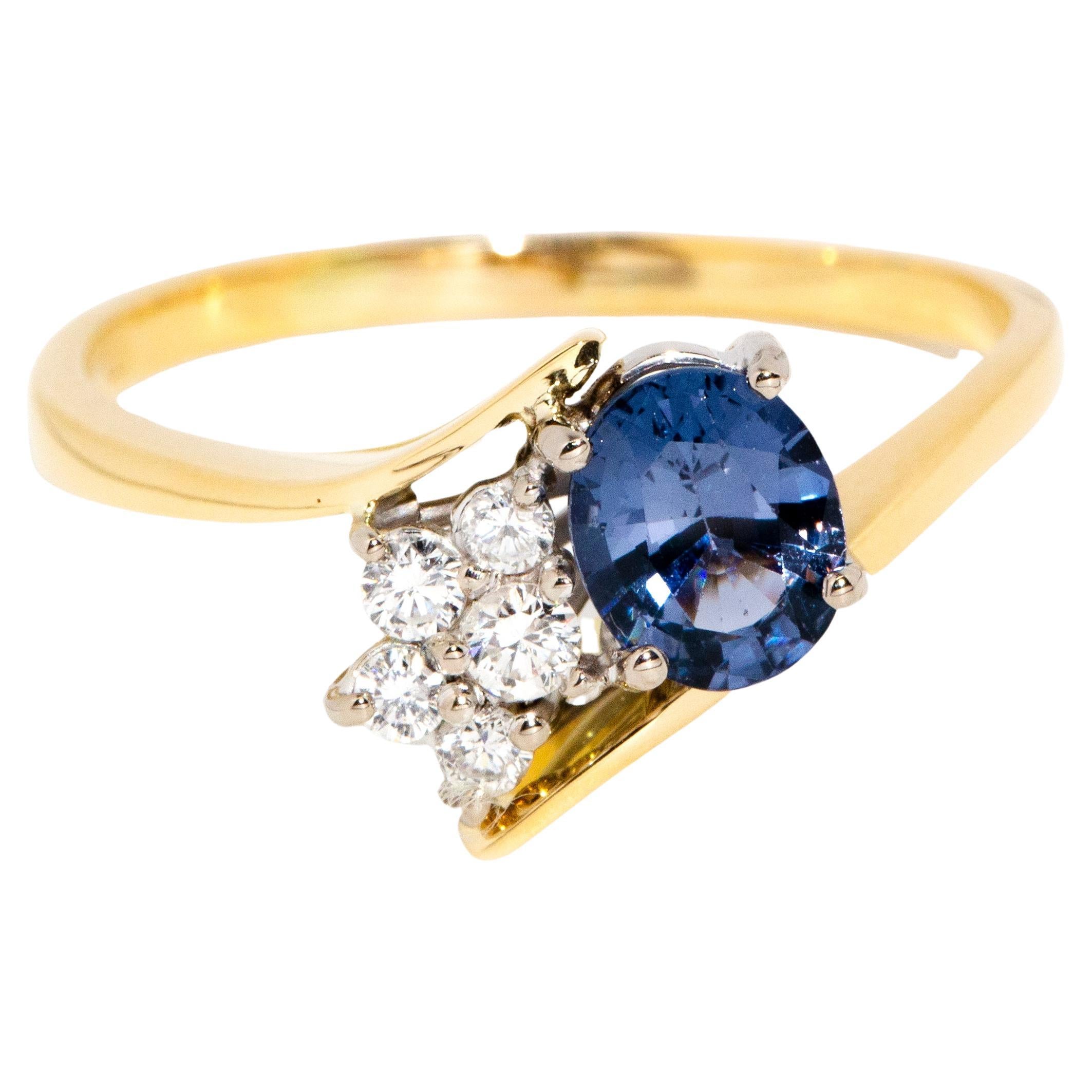 Vintage 1990s Oval Ceylon Type Sapphire & Diamond Moi Et Toi Ring 18 Carat Gold For Sale