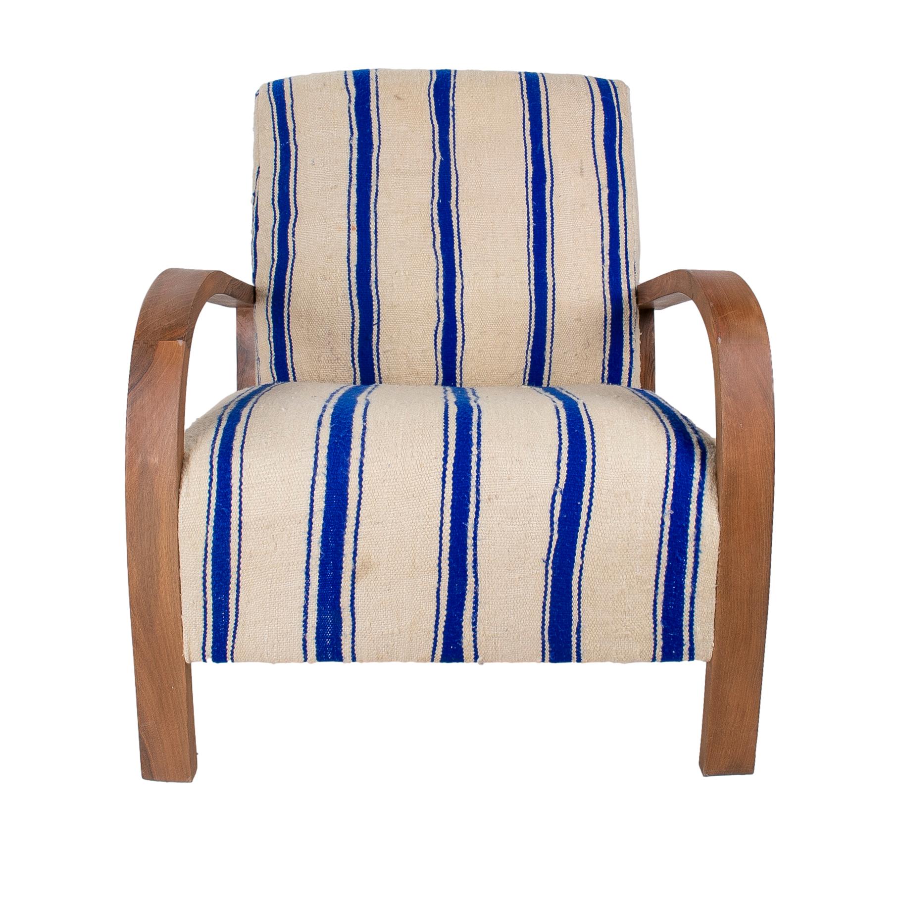 Vintage 1990s pair of Spanish white and blue upholstered armchairs.