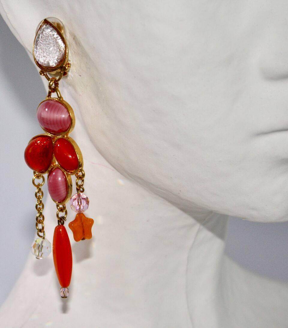 Vintage 1990's glass and crystal clip earrings in pink and orange from Philippe Ferrandis.