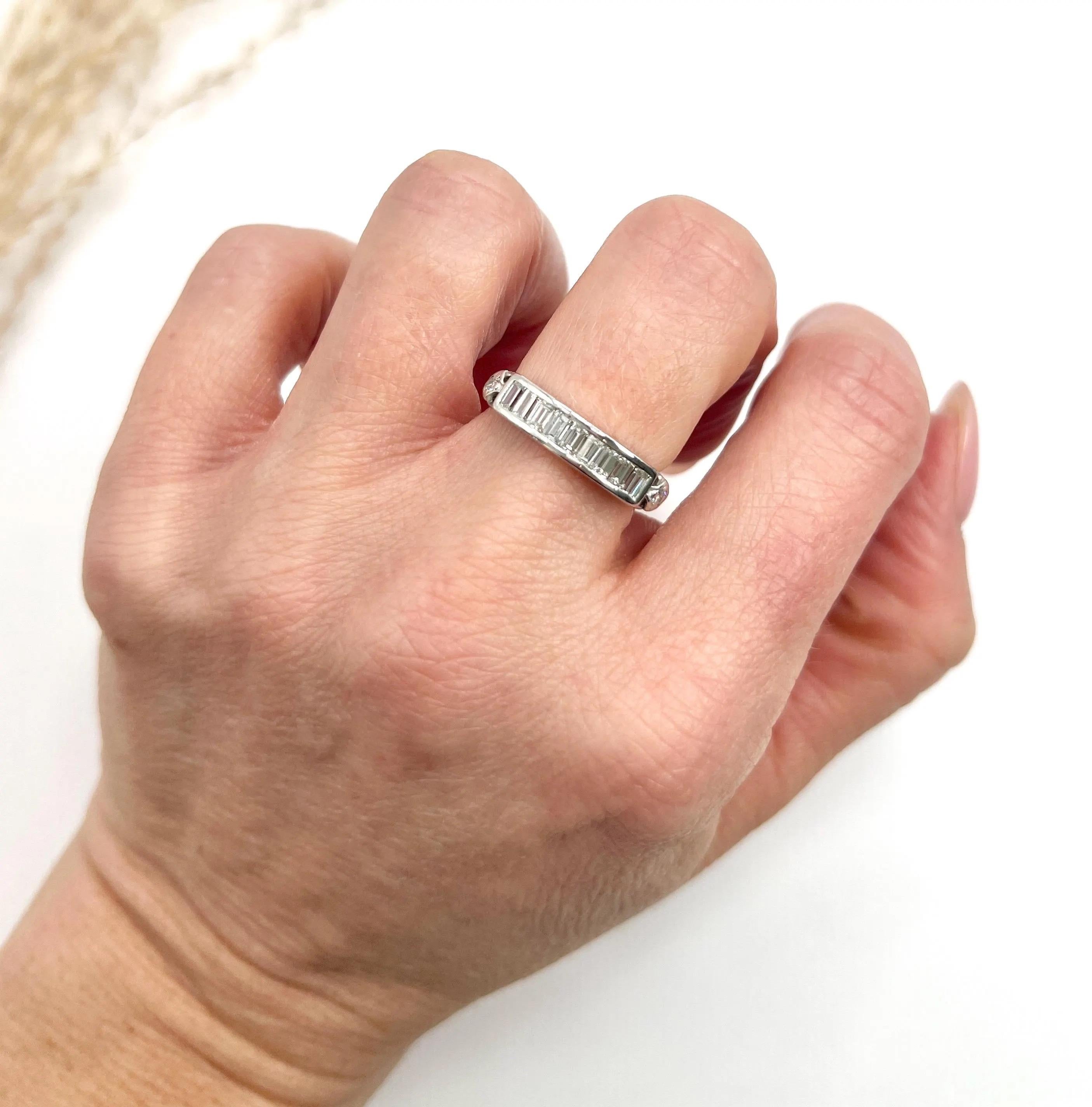 Women's or Men's Vintage 1990s Platinum, Emerald Cut Diamond Half Eternity Ring For Sale