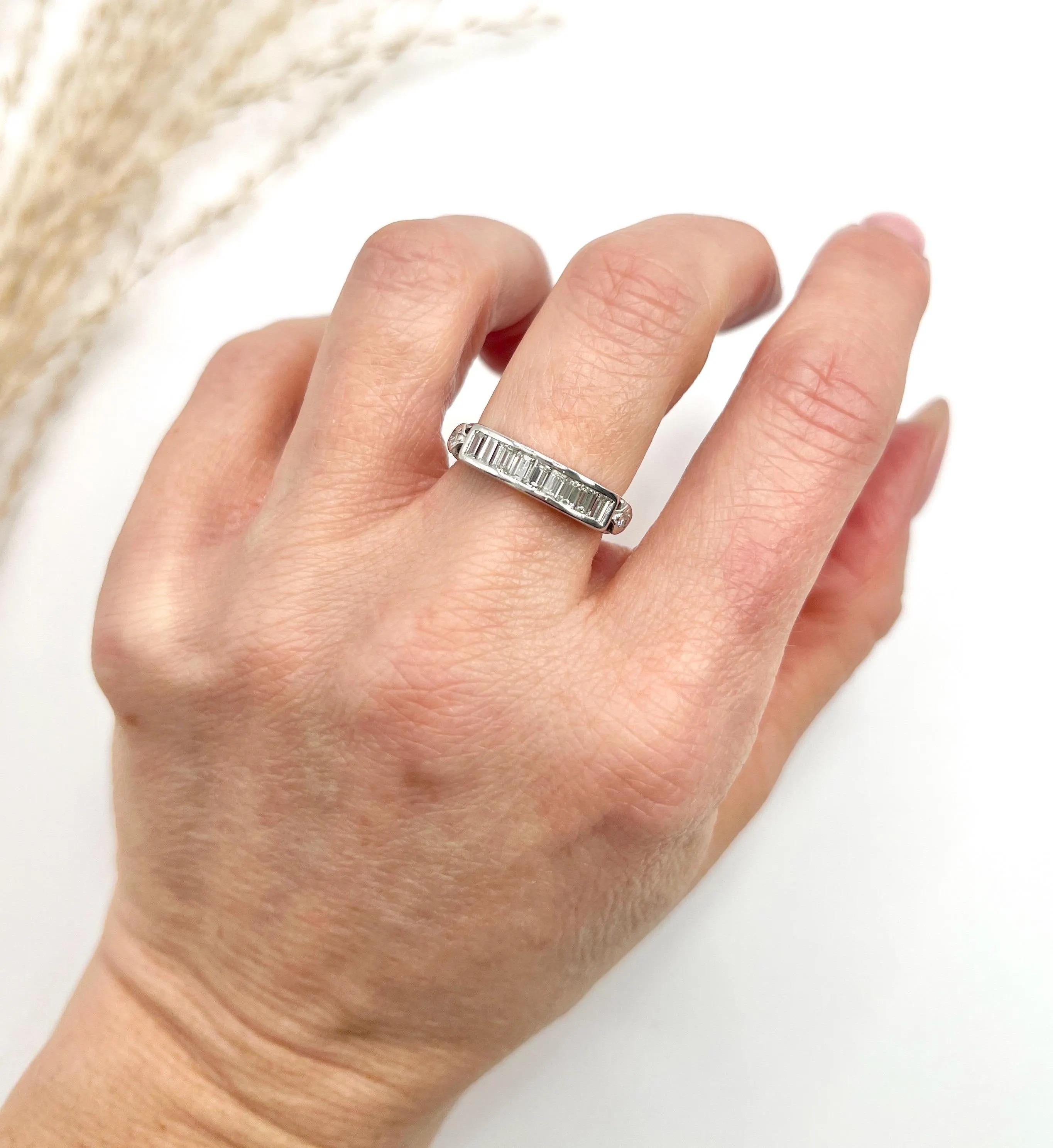 Vintage 1990s Platinum, Emerald Cut Diamond Half Eternity Ring For Sale 4