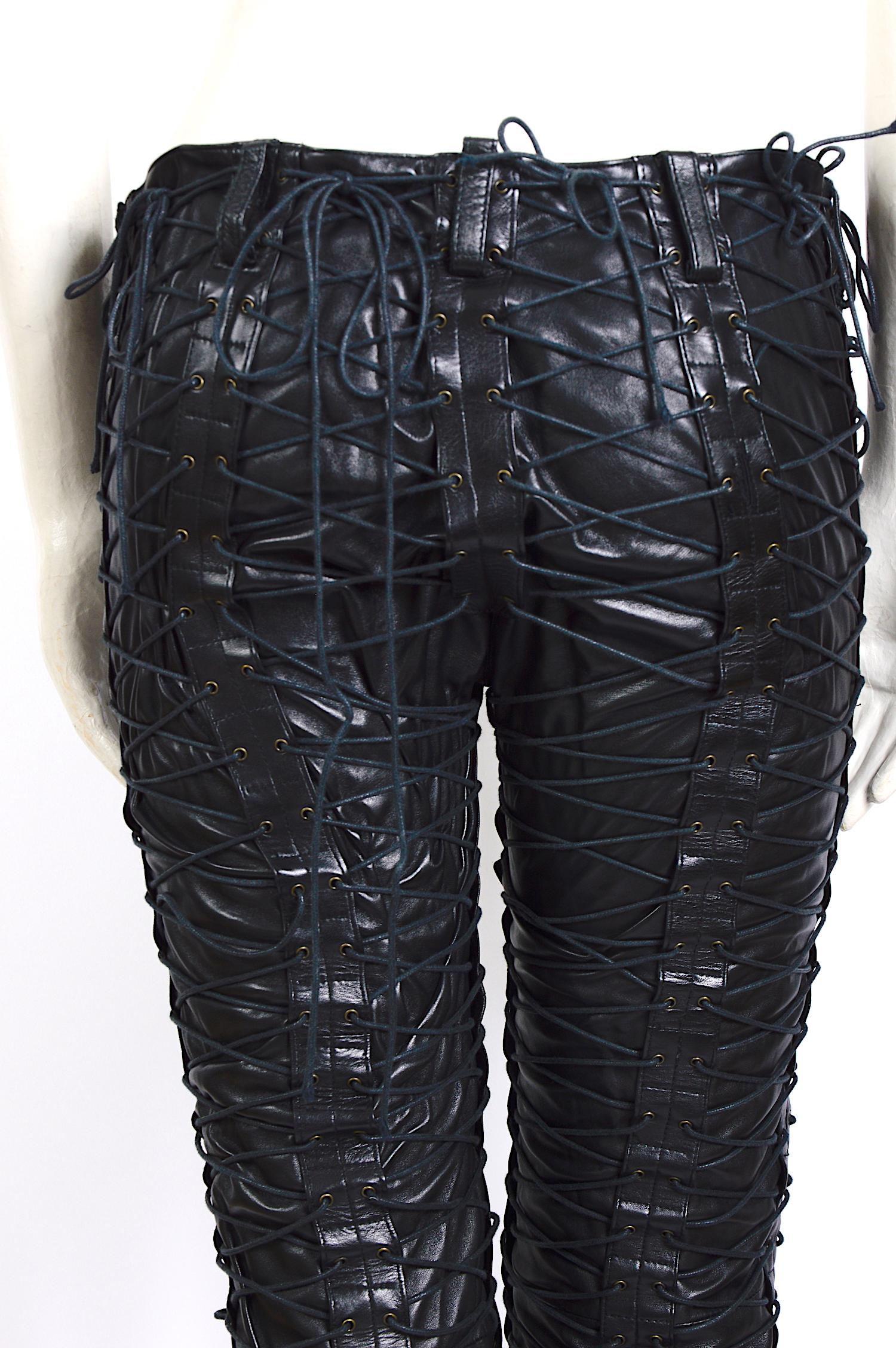 Vintage 1990s Plein Sud 100% black calfs leather laced pants 1