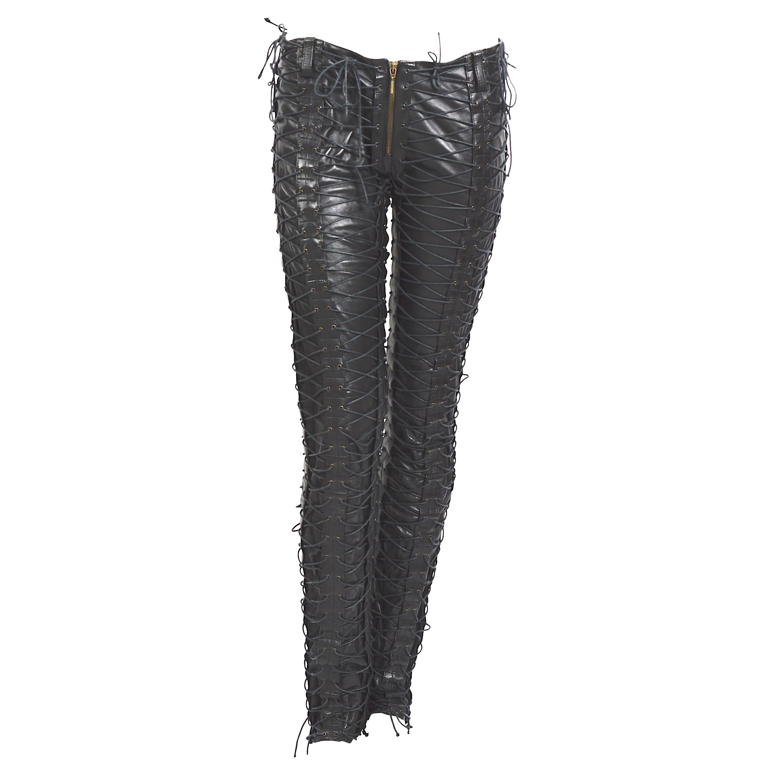 Vintage 1990s Plein Sud 100% black calfs leather laced pants