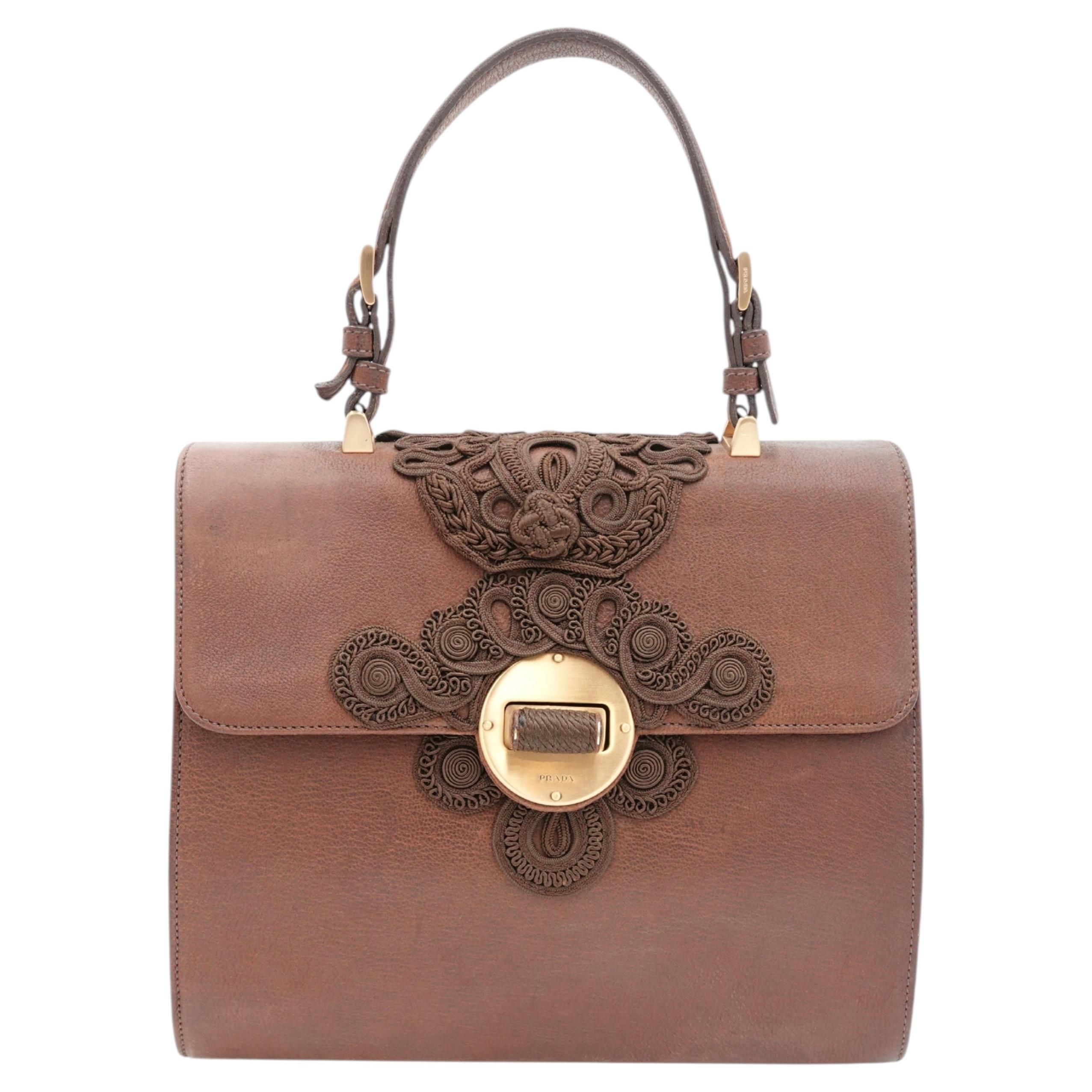 Vintage 1990s Prada Antic Passamane Brown Goat Leather Top Handle Bag For Sale
