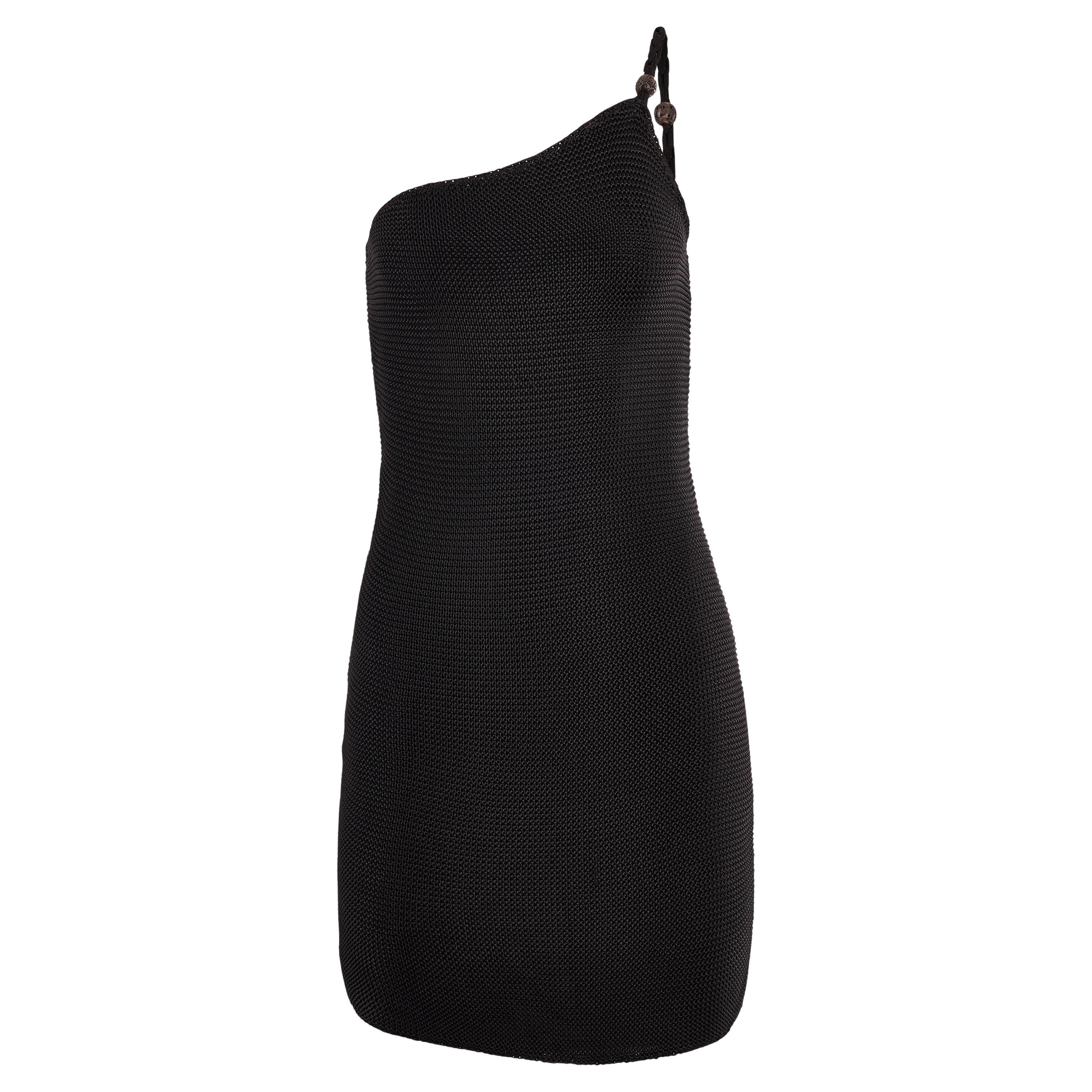 Vintage 1990's Ralph Lauren One Shoulder Black Crochet Dress en vente