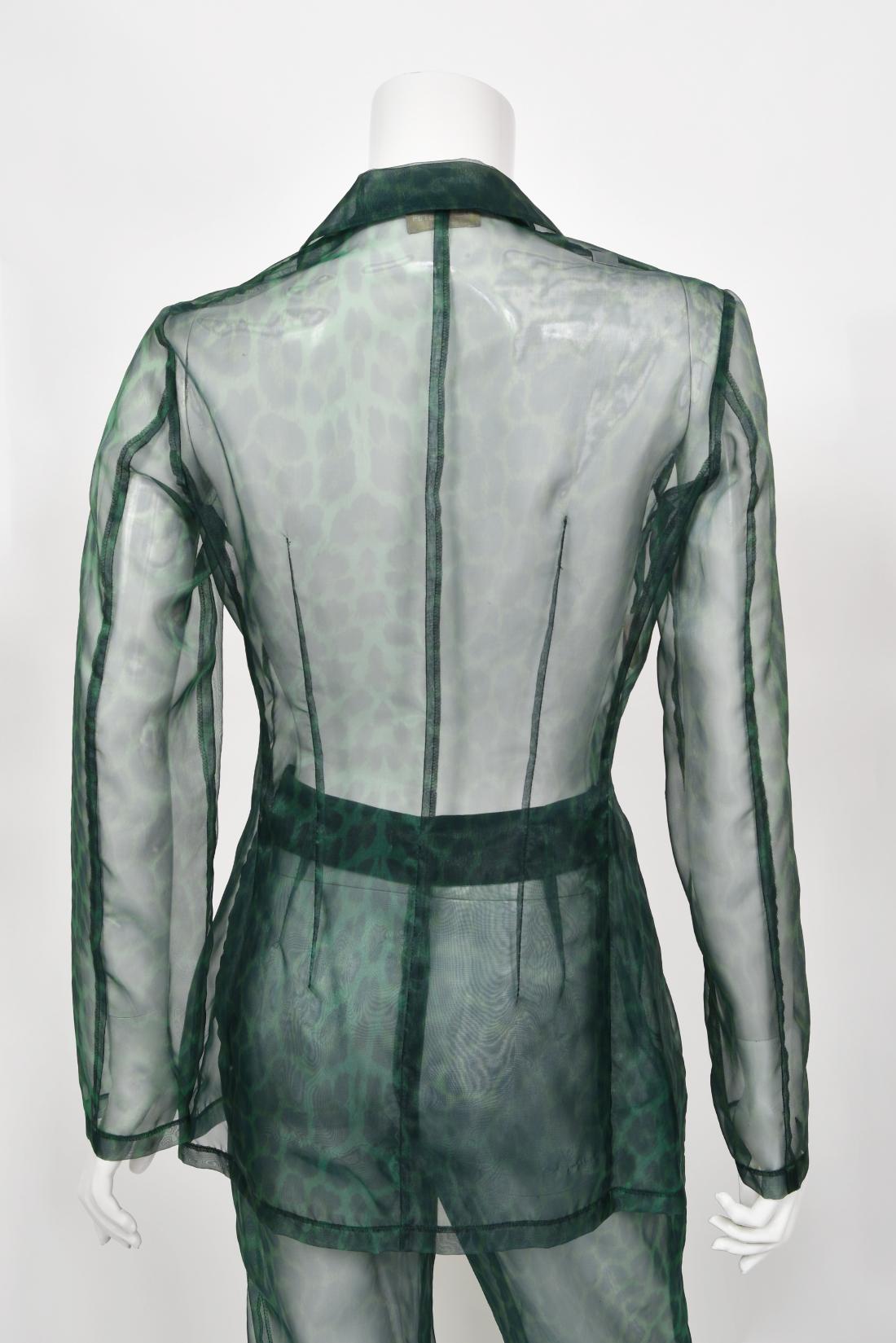 Rifat Ozbek - Blazer et pantalon à imprimé léopard vert transparent, années 1990  en vente 7
