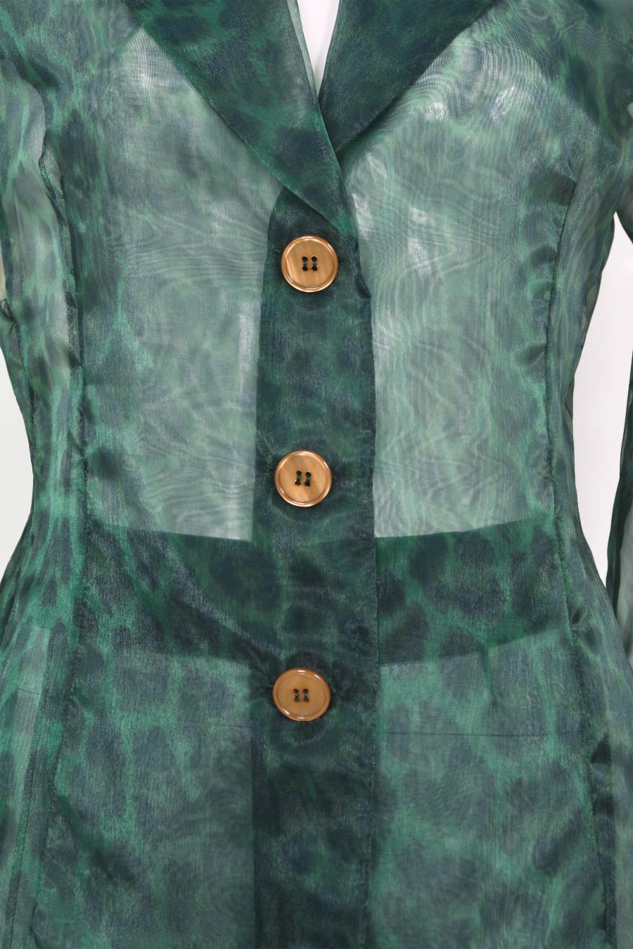 Gray Vintage 1990's Rifat Ozbek Sheer Green Leopard Print Blazer & Trousers Pantsuit  For Sale