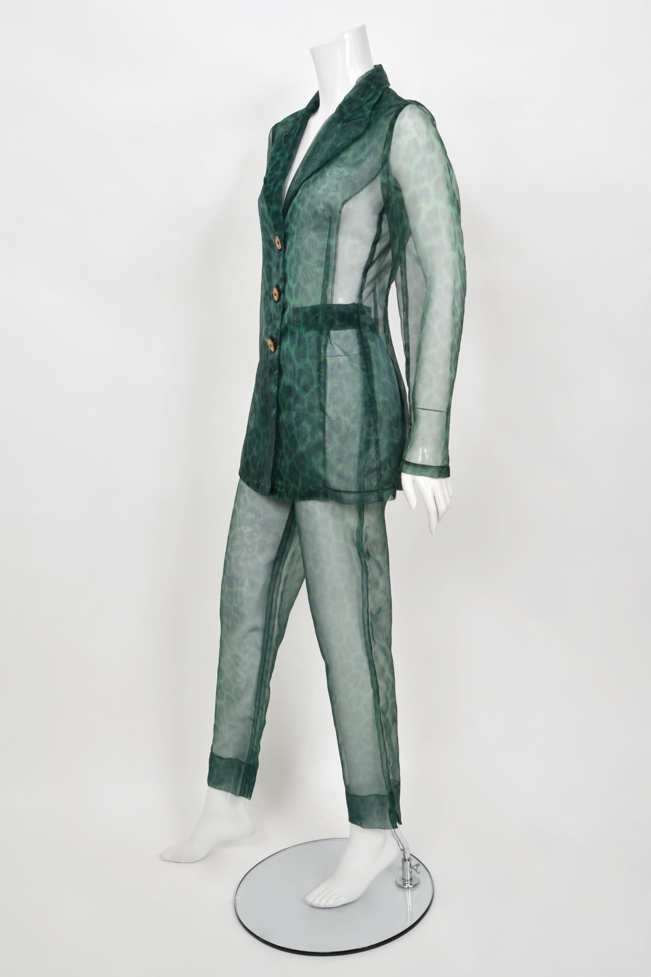 Vintage 1990's Rifat Ozbek Sheer Green Leopard Print Blazer & Trousers Pantsuit  In Good Condition For Sale In Beverly Hills, CA