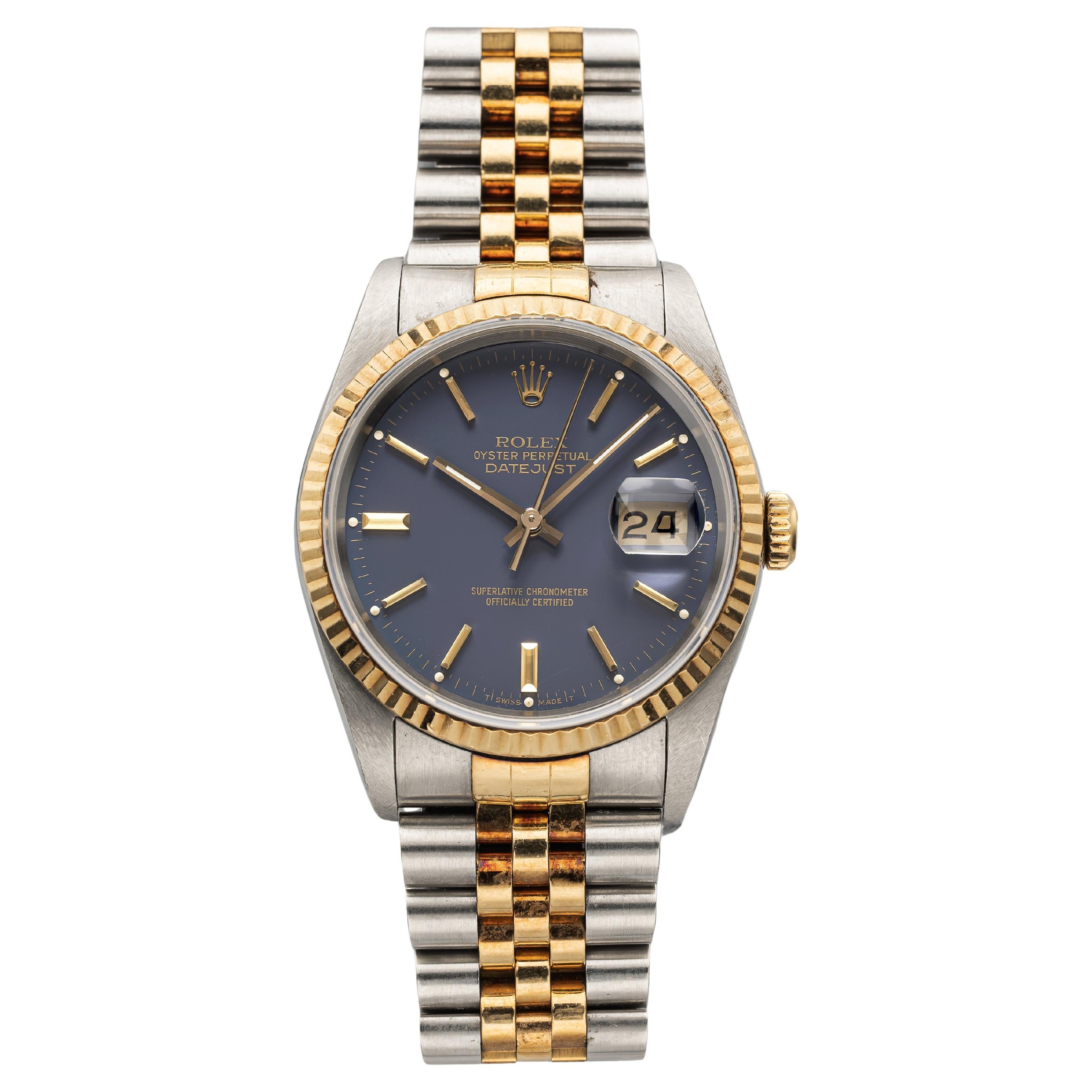 Vintage 1990s Rolex Datejust Reference 16233 Two-Tone Automatic Purple Blue Sunb For Sale