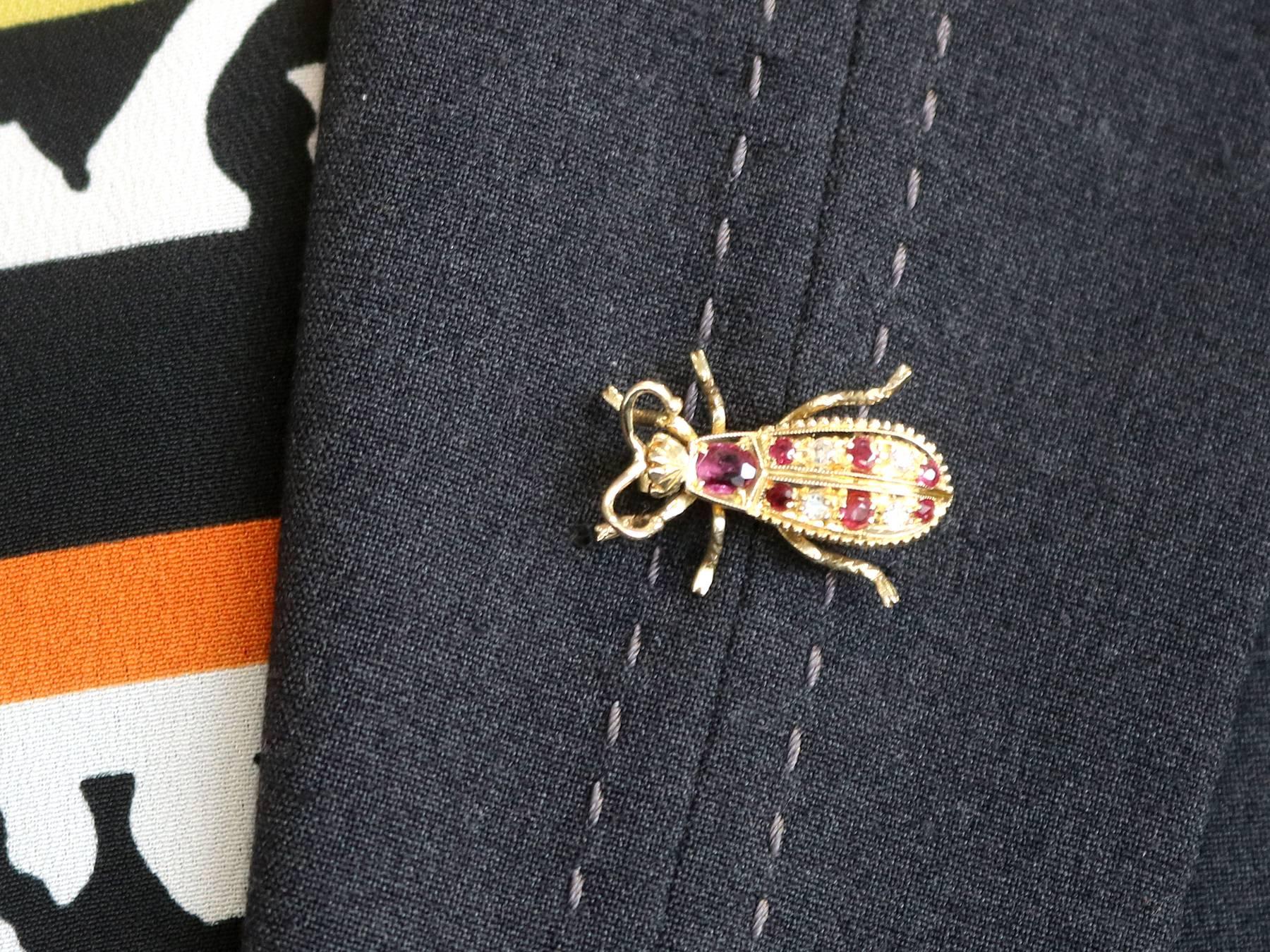Vintage 1990s Ruby and Diamond Yellow Gold Insect Brooch For Sale 1