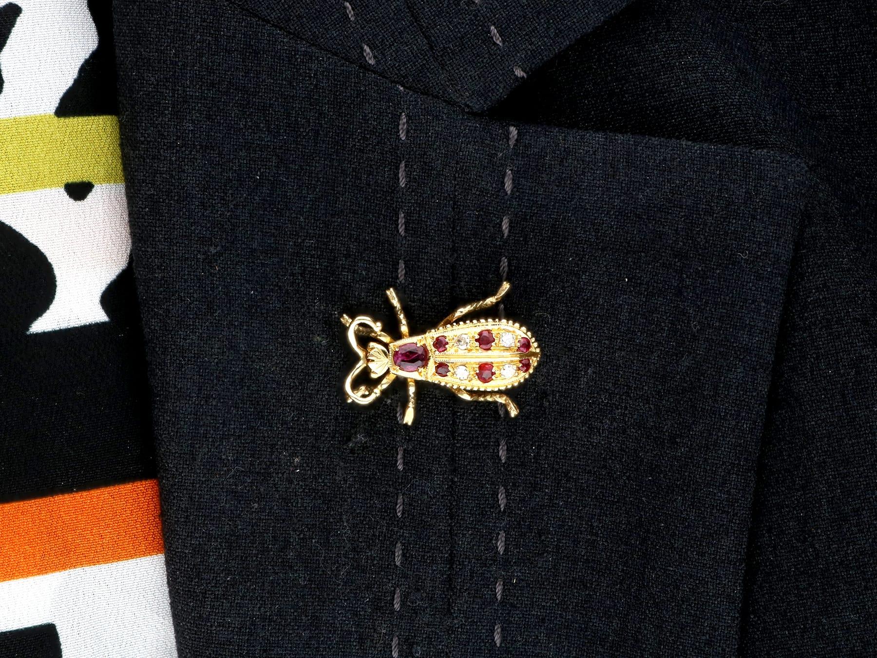Vintage 1990s Ruby and Diamond Yellow Gold Insect Brooch For Sale 2