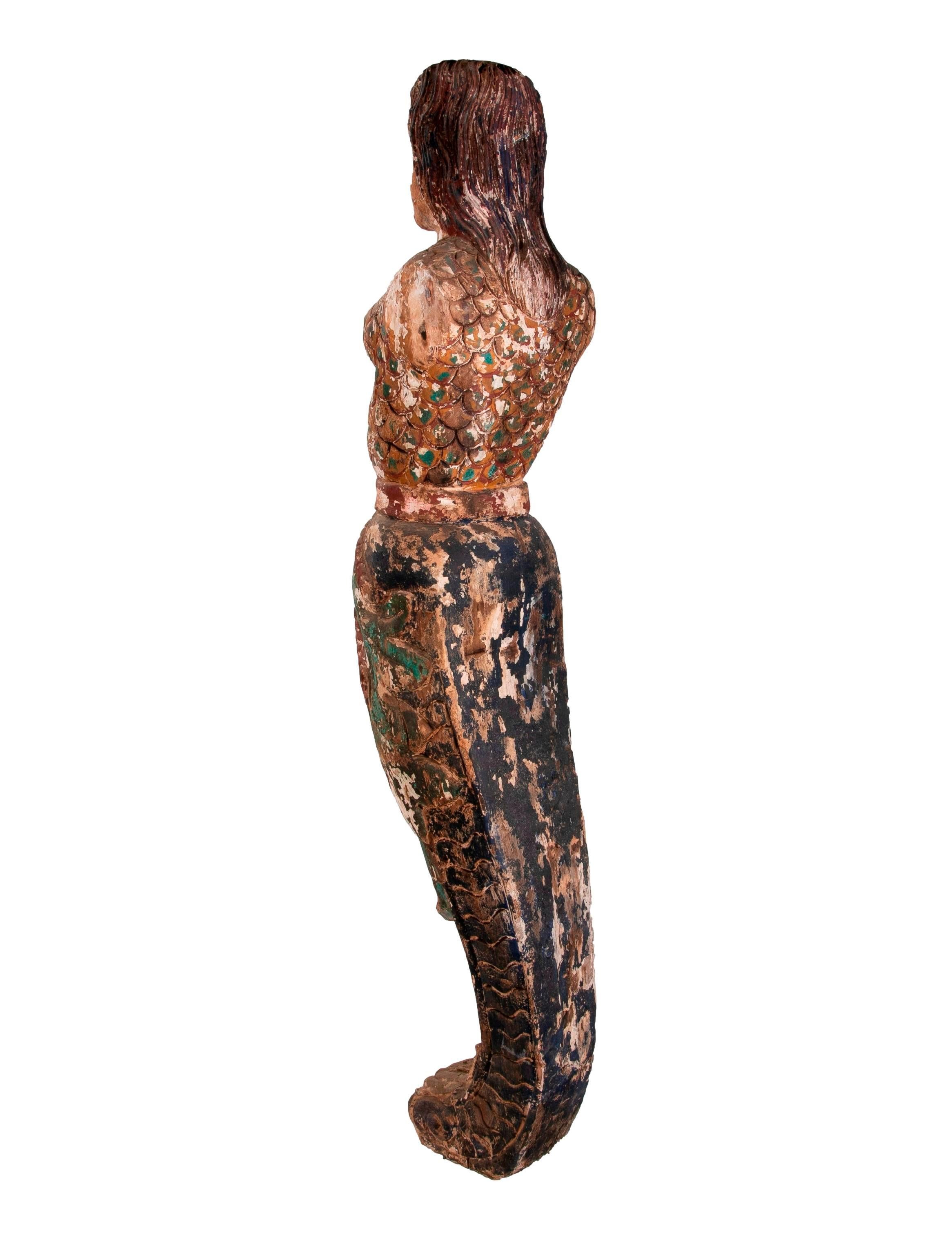 Vintage 1990s Spanish Hand Carved Wooden Painted Mermaid Sculpture In Good Condition For Sale In Marbella, ES