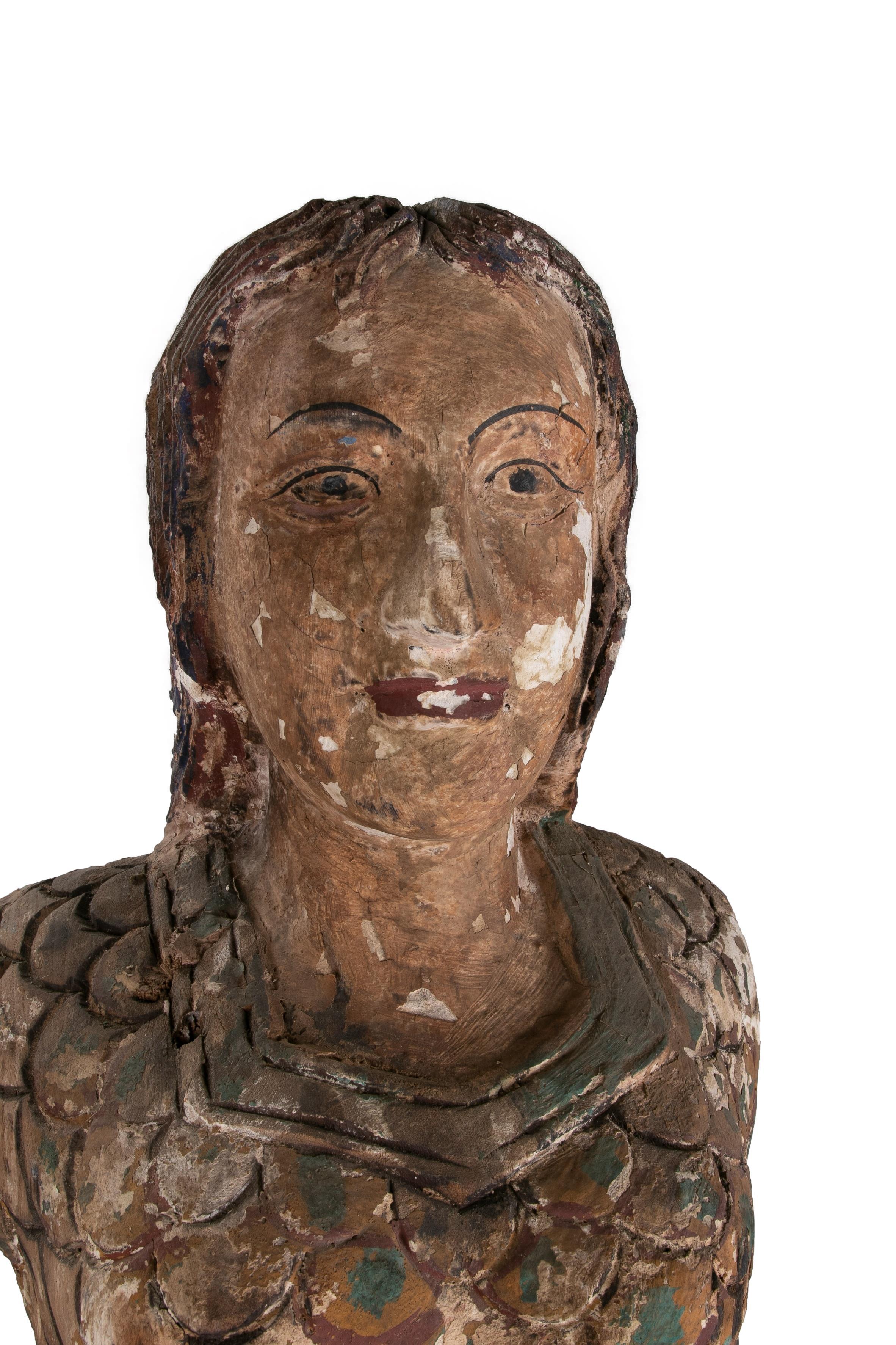 Vintage 1990s Spanisch Hand geschnitzt Holz bemalt Meerjungfrau Skulptur im Angebot 3