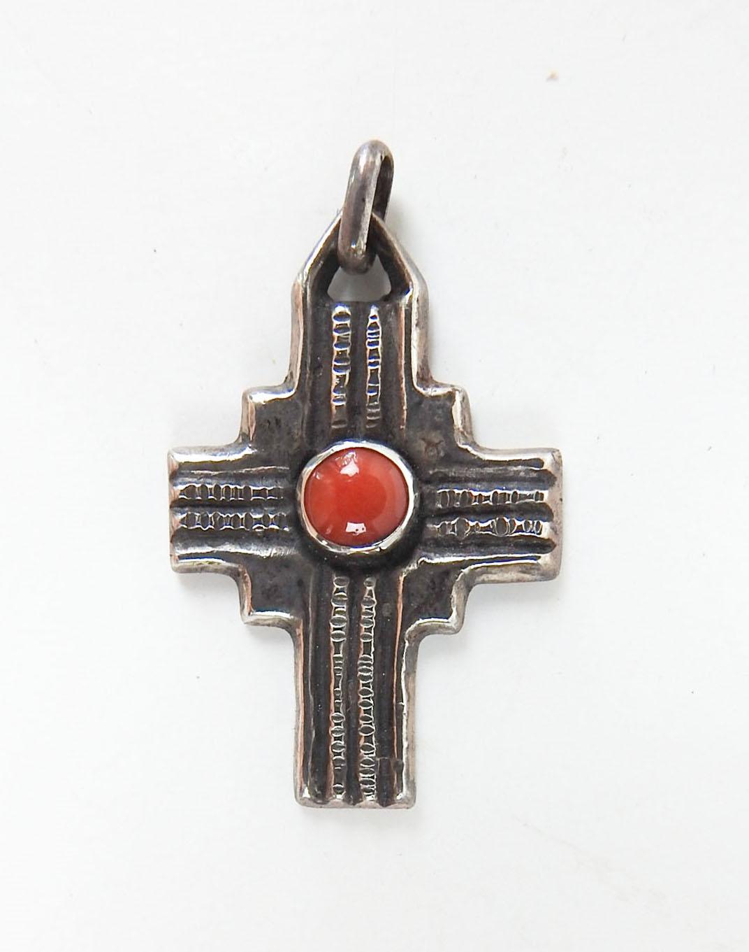 Rustic Vintage 1990s Sterling Silver & Red Coral Cross Artist Studio For Sale