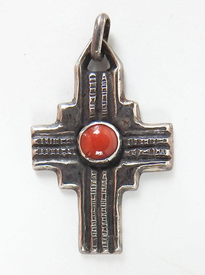 American Vintage 1990s Sterling Silver & Red Coral Cross Artist Studio For Sale