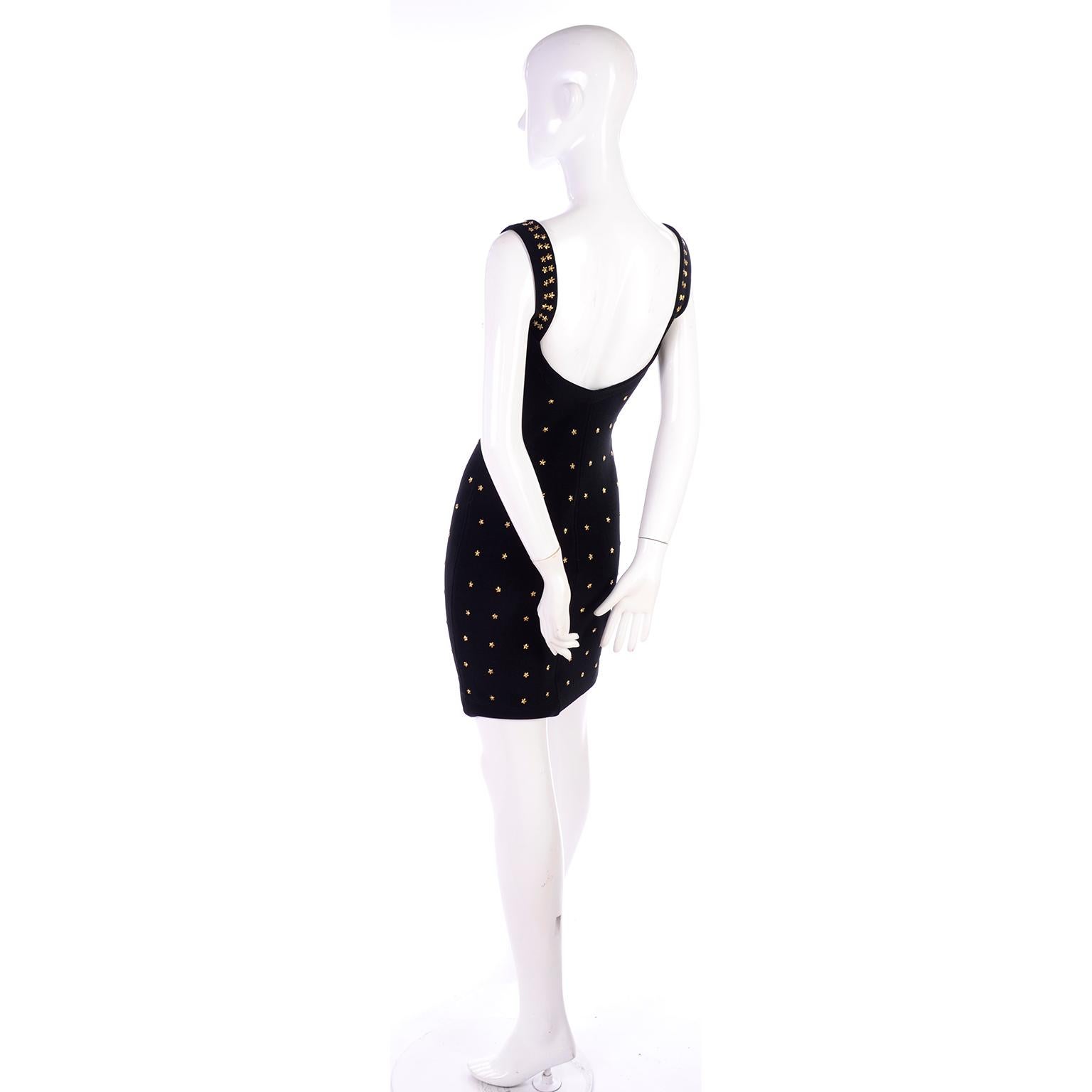 Vintage 1990s Tadashi Shoji Gold Star Studded Bodycon Black Dress For Sale 3