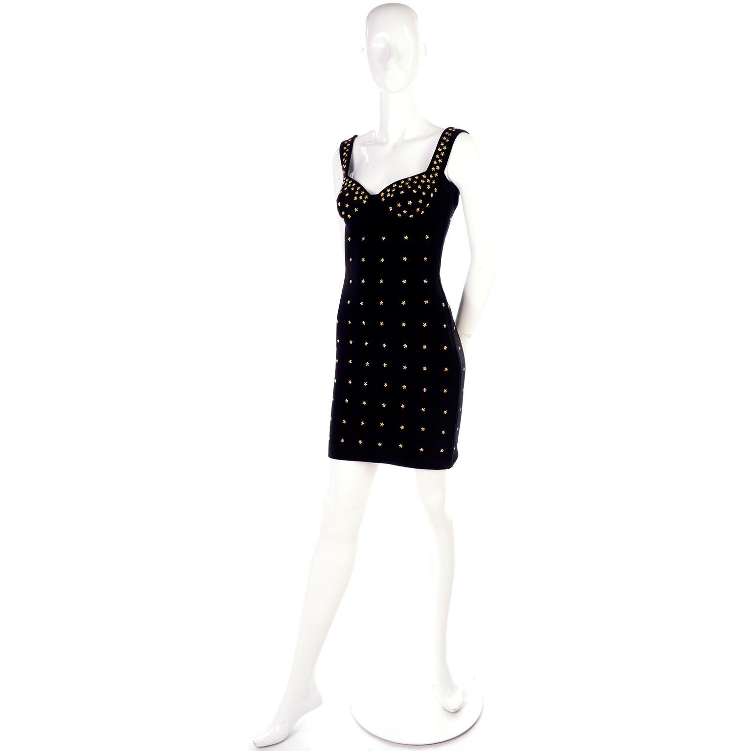Vintage 1990s Tadashi Shoji Gold Star Studded Bodycon Black Dress In Excellent Condition For Sale In Portland, OR
