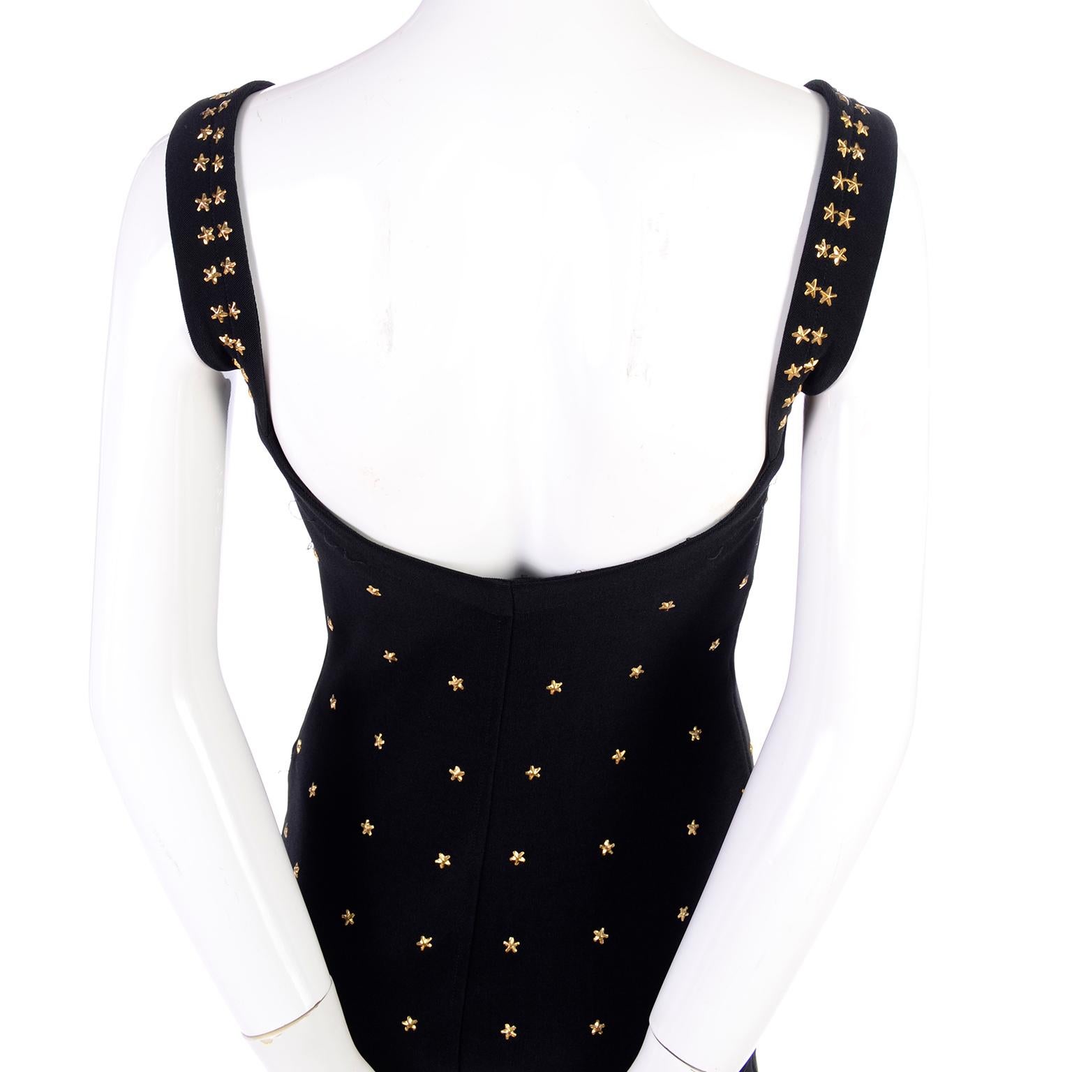 Women's Vintage 1990s Tadashi Shoji Gold Star Studded Bodycon Black Dress For Sale