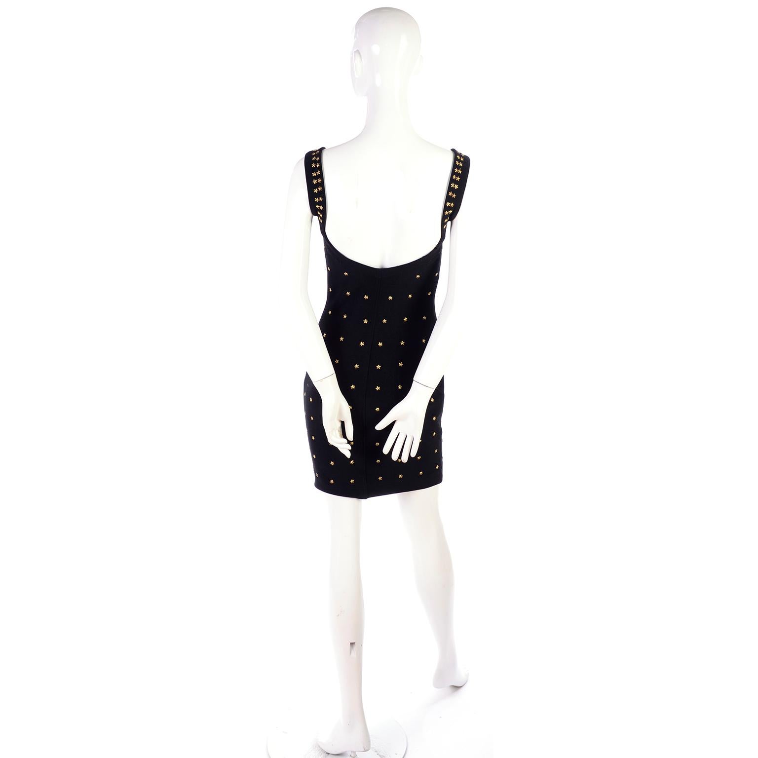 Vintage 1990s Tadashi Shoji Gold Star Studded Bodycon Black Dress For Sale 1