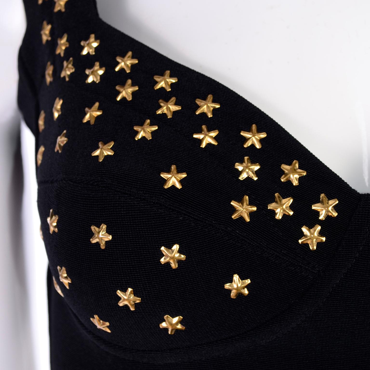 Vintage 1990s Tadashi Shoji Gold Star Studded Bodycon Black Dress For Sale 2