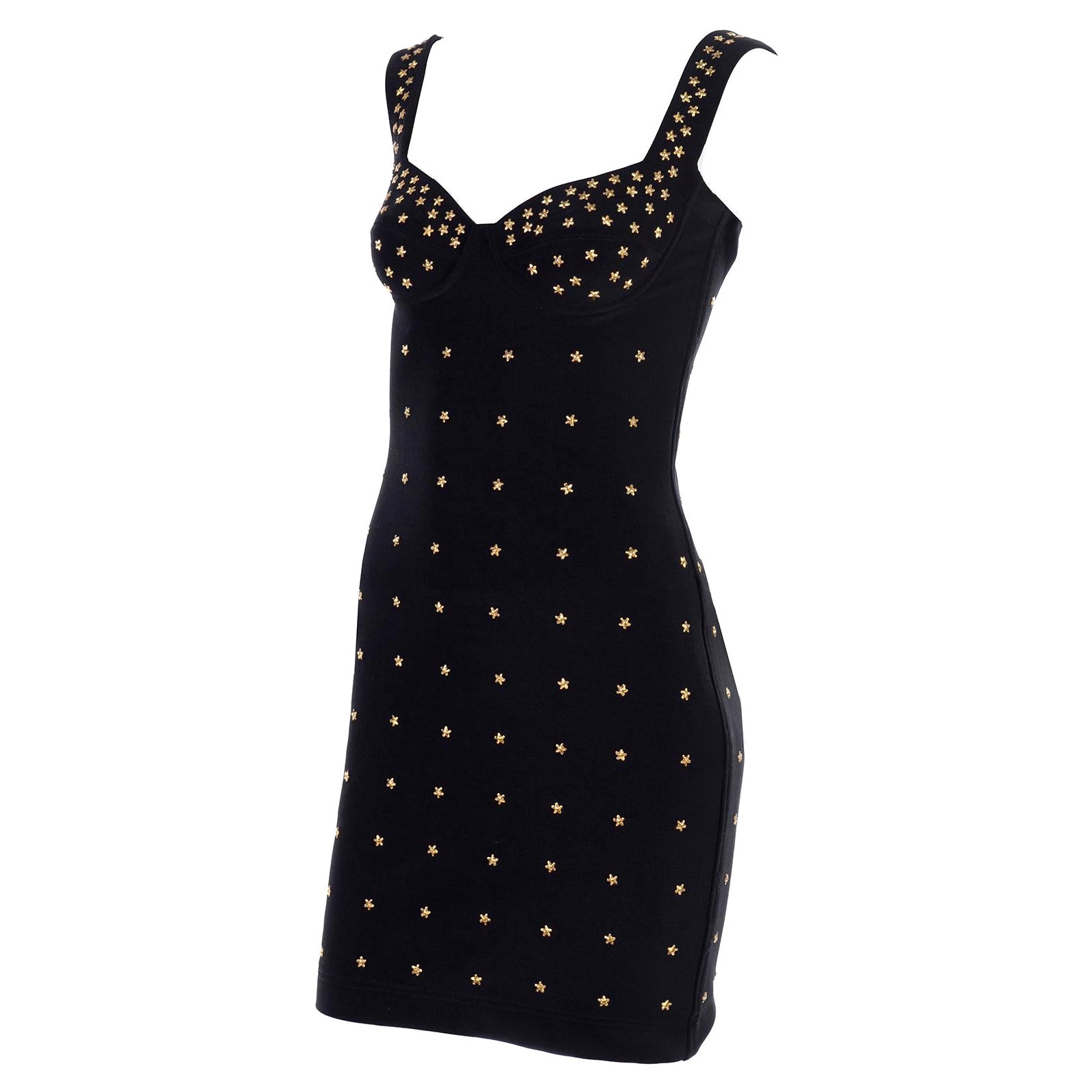 Vintage 1990s Tadashi Shoji Gold Star Studded Bodycon Black Dress