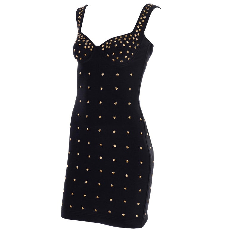 Vintage 1990s Tadashi Shoji Gold Star Studded Bodycon Black Dress For Sale At 1stdibs Free shipping and guaranteed authenticity on tadashi shoji black dressy velvet below knee skirt size 8 (m, 29, 30)beautiful unique black velvet skirt with intricate. vintage 1990s tadashi shoji gold star studded bodycon black dress