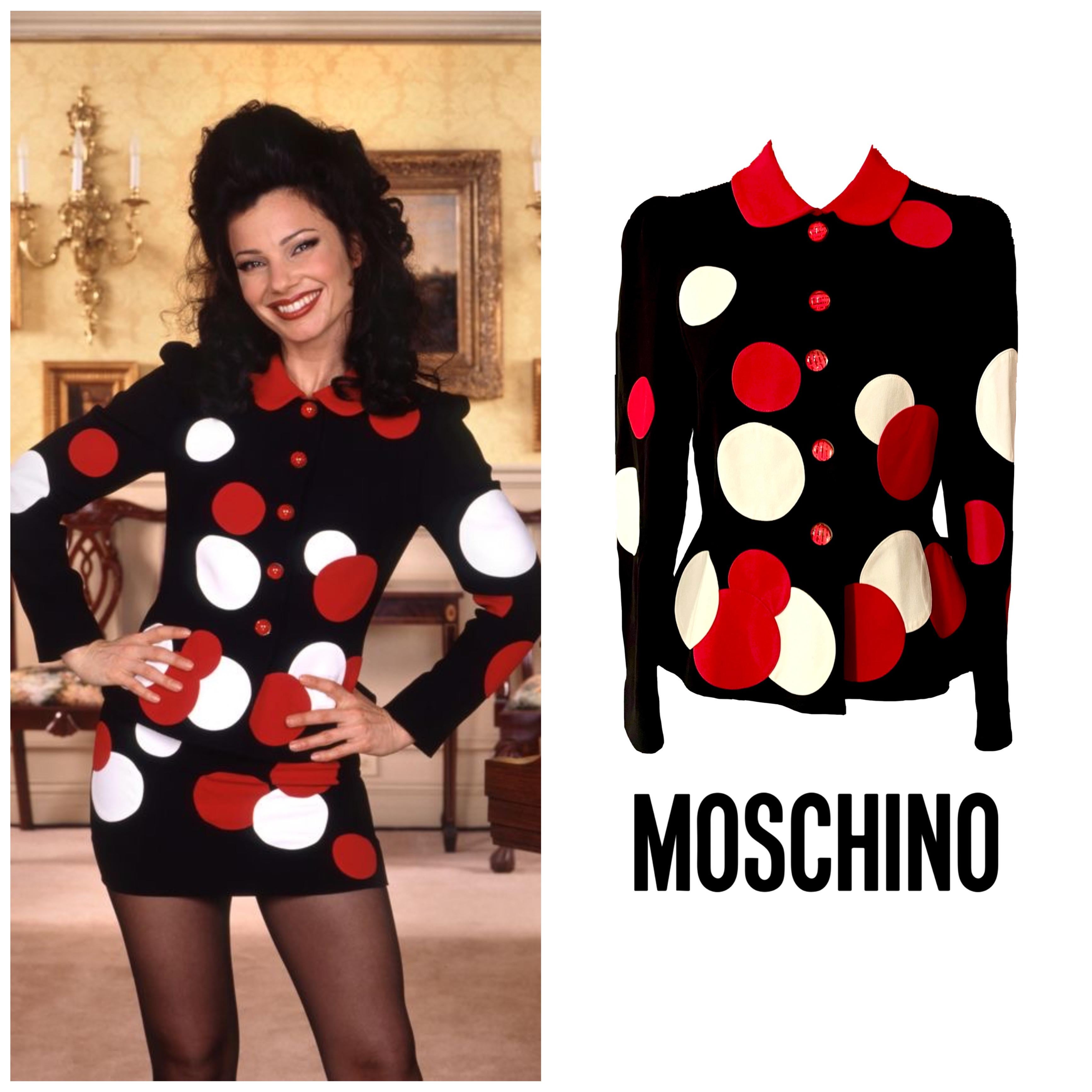 Vintage 1990s polka dot jacket by Franco  Moschino from the cheap and chic collection, it as been seen on the iconic Fran fine on the Nanny sitcom and on promotional ads for the show as well as the DVD covers. In perfect condition. 

Sizes :

I 42