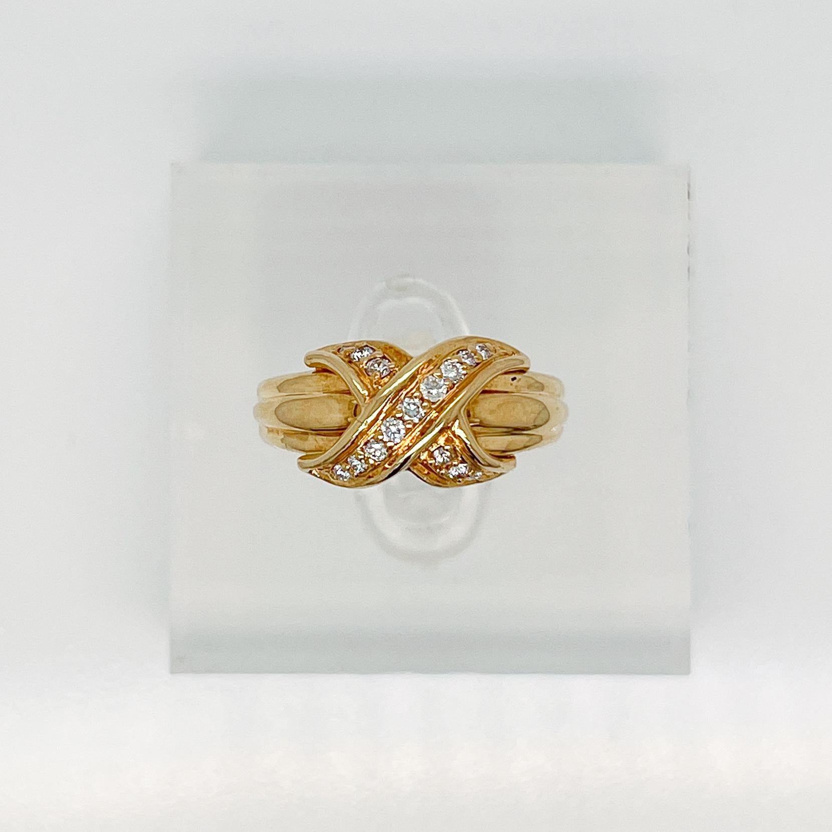 Vintage 1990s Tiffany & Co. 18 Karat Gold & Diamond 'X' Ring For Sale 2