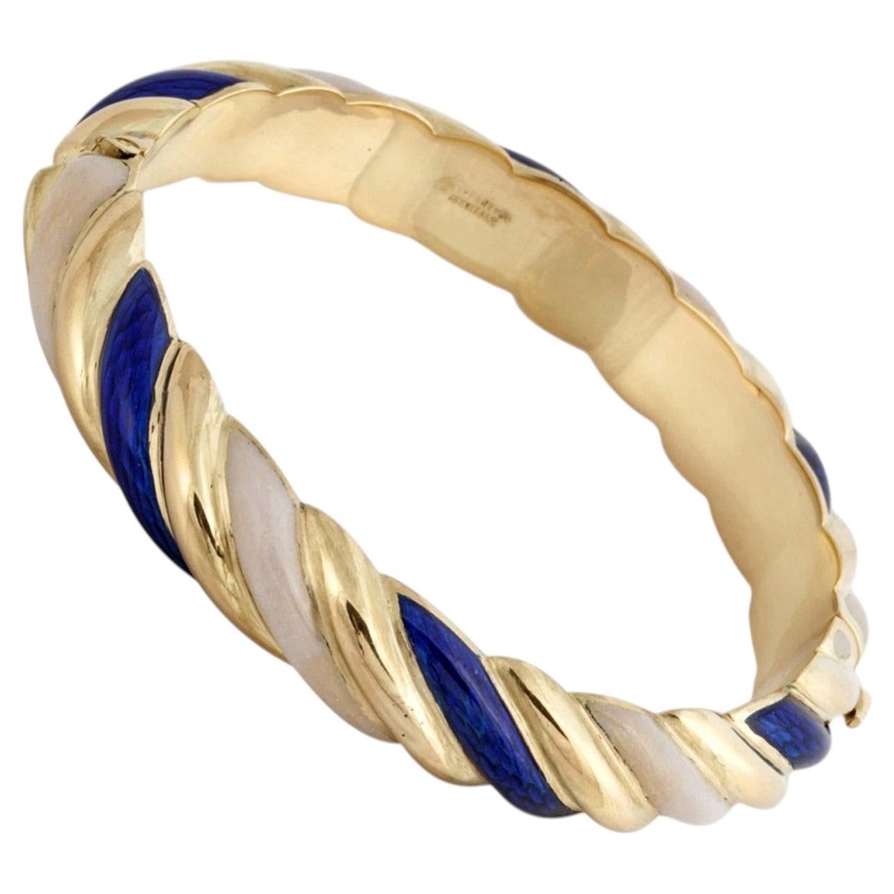 Vintage 1990s Tiffany & Co. 18K Gold Blue and White Enamel Bangle Bracelet For Sale