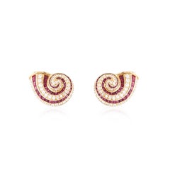 Vintage 1990s Tiffany & Co. 18K Gold Ruby And Diamond Shell Earrings
