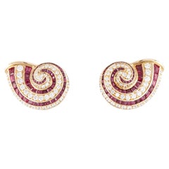 Vintage 1990s Tiffany & Co. 18K Gold Ruby And Diamond Shell Earrings