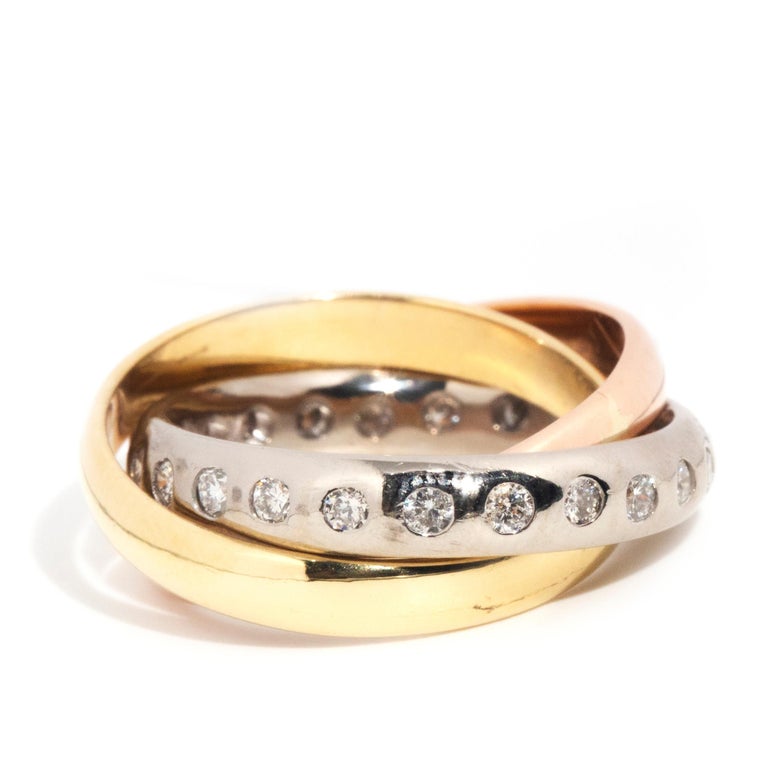 Vintage 1990s Tri Colour Diamond 18 Carat Gold Three Ring Russian ...