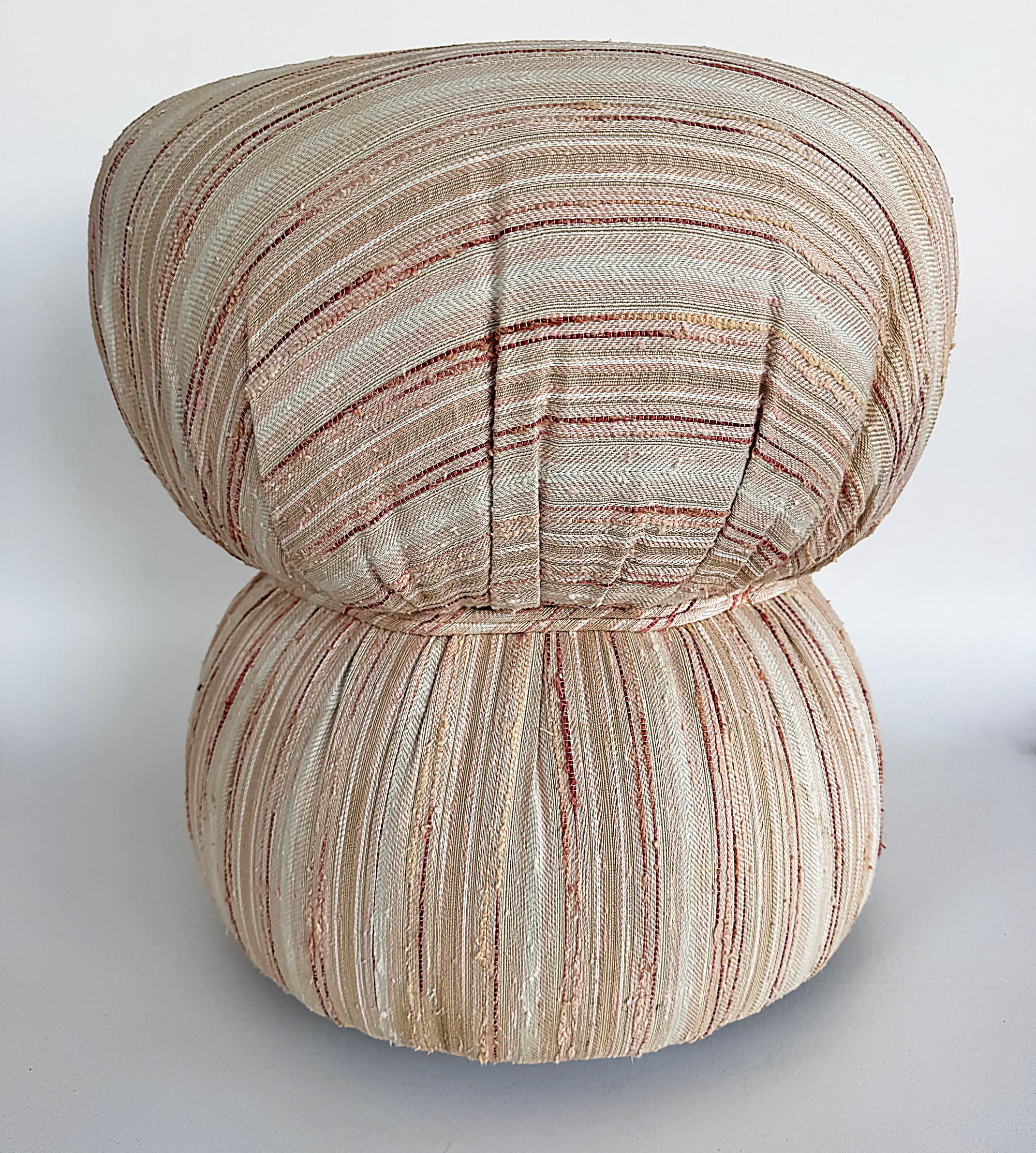Vintage Boho Upholstered and Cinched Pouf on Casters

Offered for sale is a vintage pouf on casters that is upholstered in the original woven fabric with cinched cording at the middle.  The upholstery is durable and is in good condition. The pouf