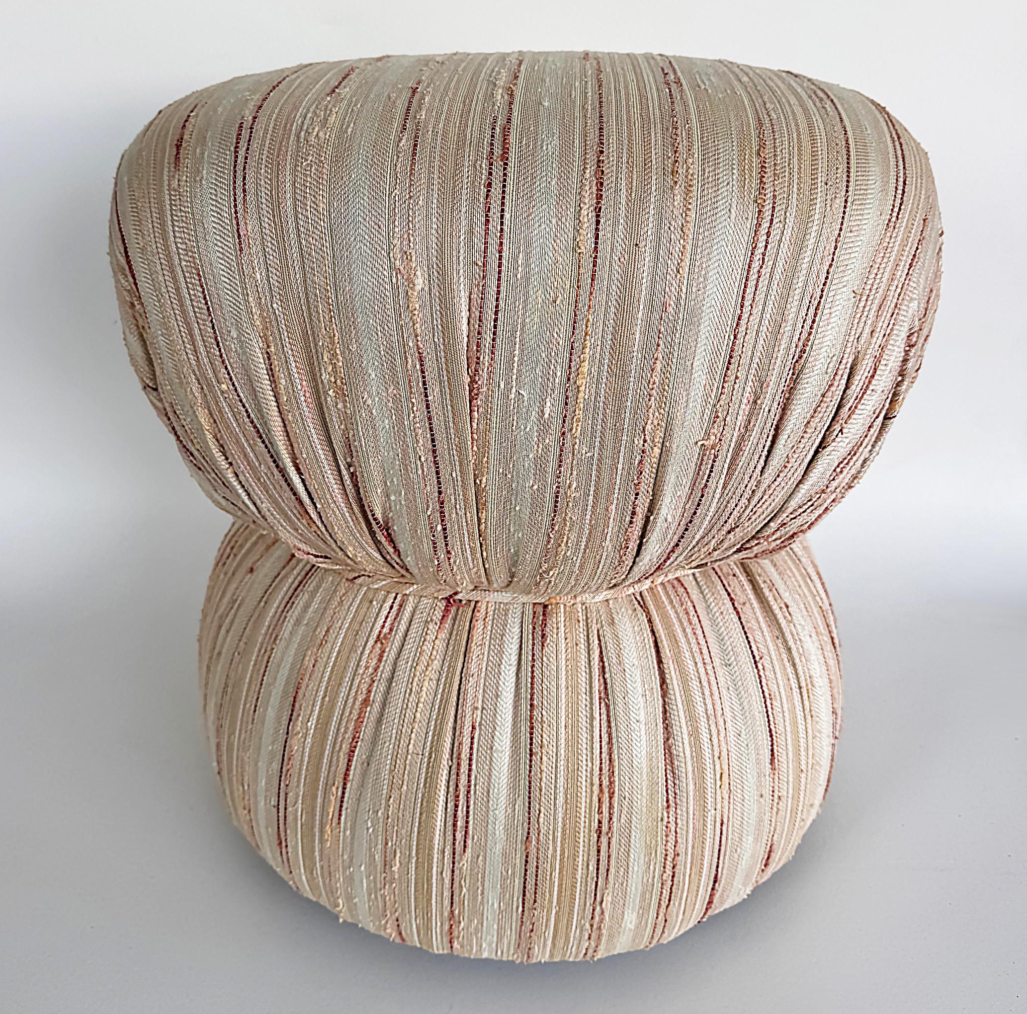 XX secolo Vintage Boho Upholstered and Cinched Pouf on Casters in vendita