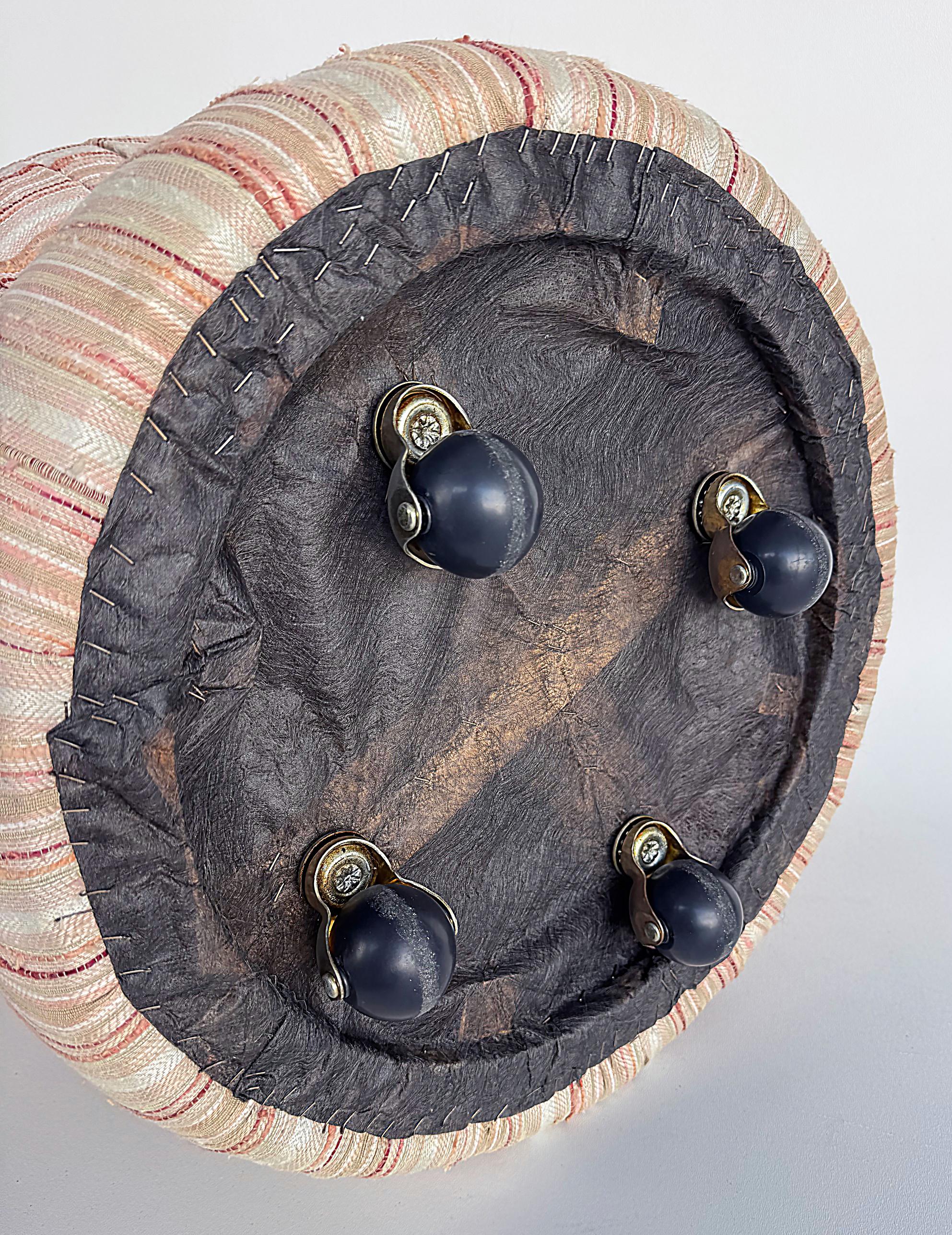 Vintage Boho Upholstered and Cinched Pouf on Casters in vendita 2