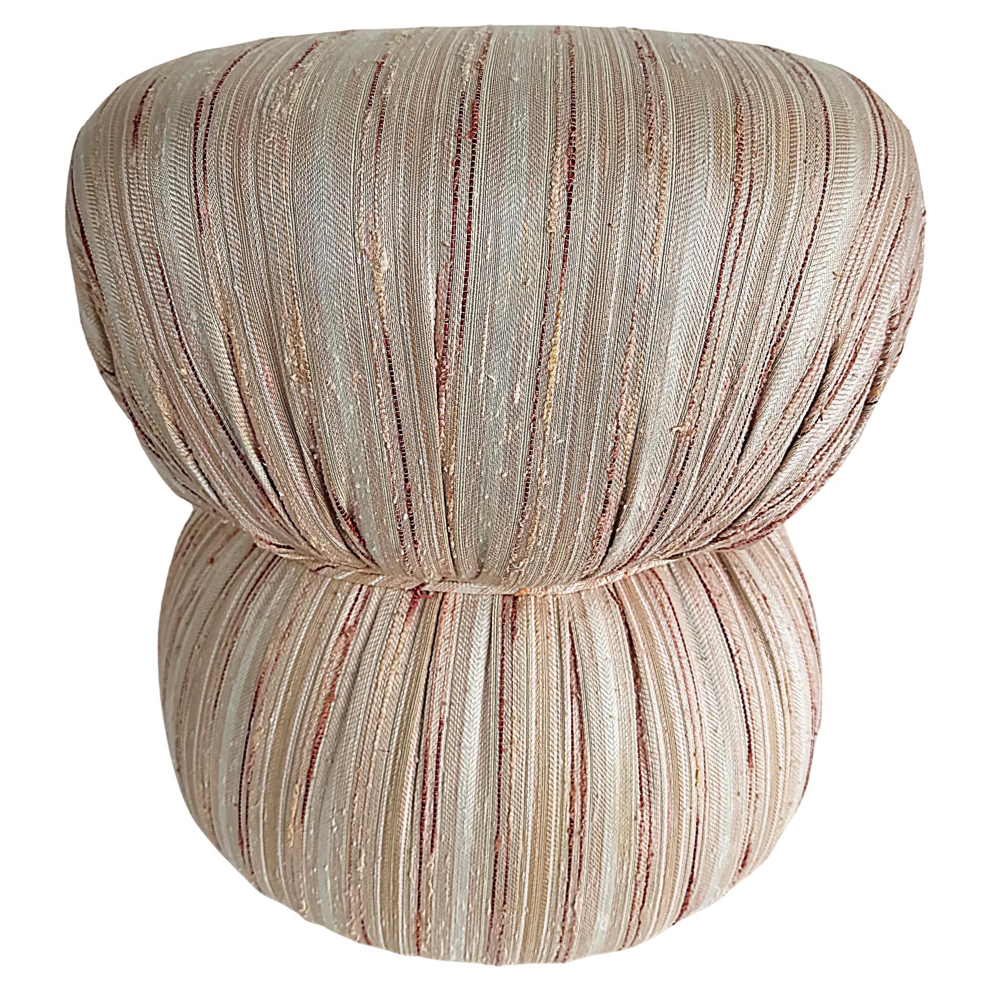 Vintage Boho Upholstered and Cinched Pouf on Casters in vendita