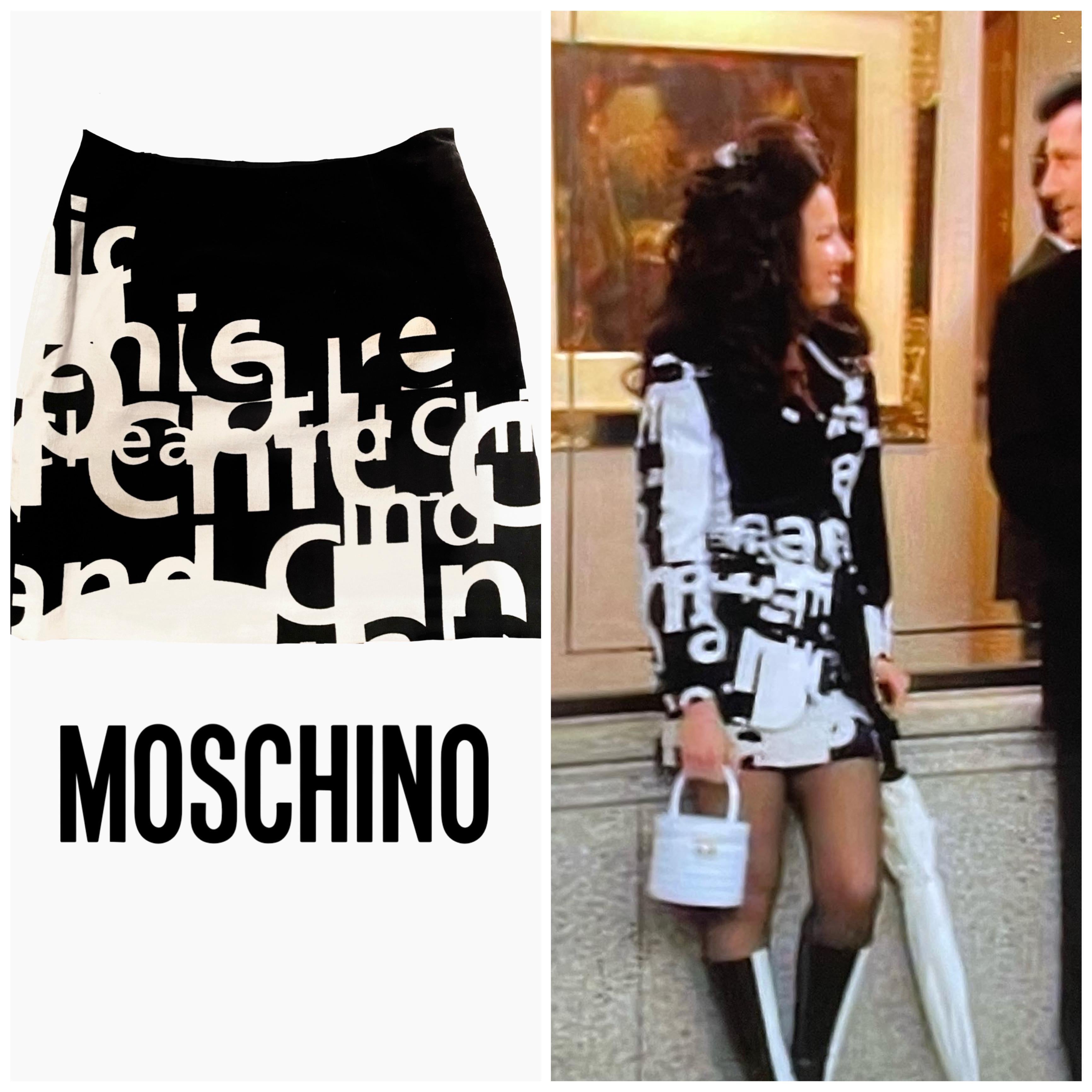 One of a kind velvet vintage 1990s skirt with inscriptions ALL OVER print, by Moschino cheap and chic. this piece as been seen on the iconic  Fran fine on the hit sitcom The NANNY and in many vintage Moschino ads as well as runways. It is in perfect
