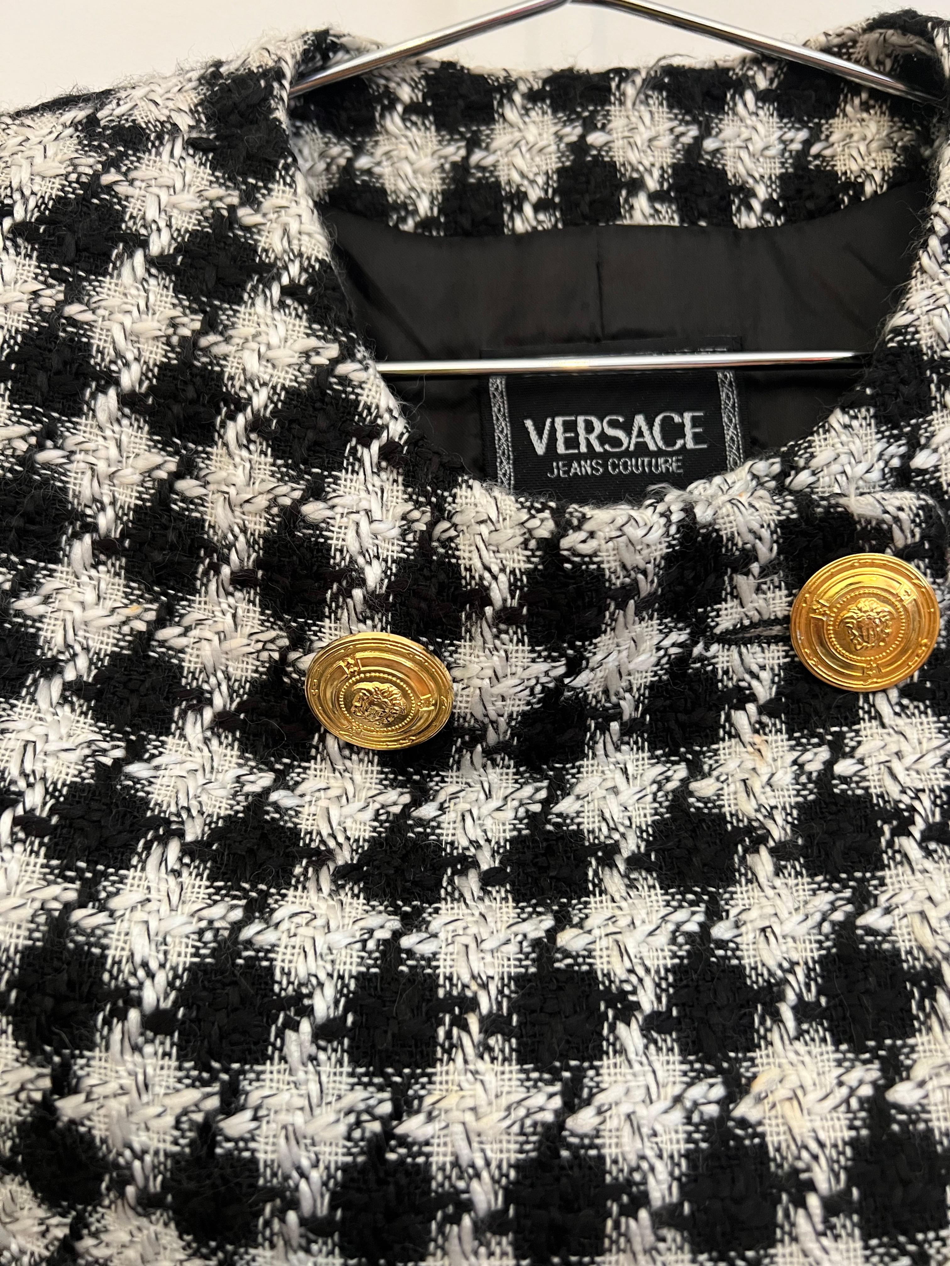 Vintage 1990's Versace Black White Tweed Boucle Jacket Matching Mini Dress Set  4