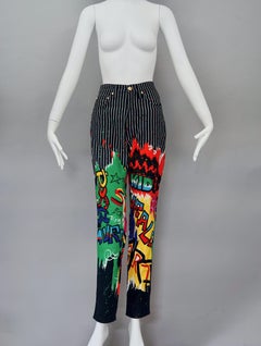 Vintage 1990s VERSACE JEANS COUTURE Pop Art Graffiti Stripe Jean Trouser Pants