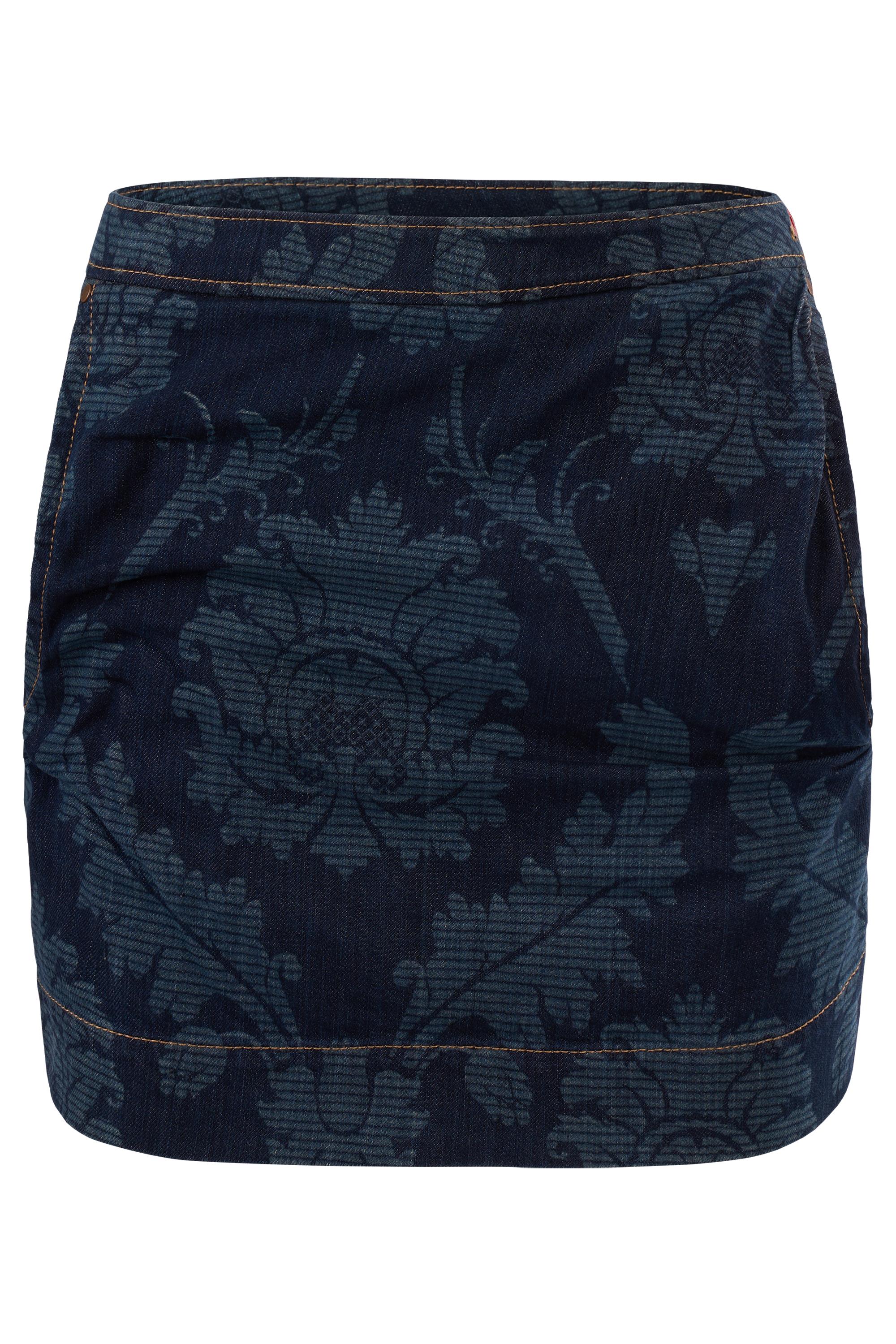 Minifalda vintage años 90 Vivienne Westwood RED LABEL by VIVIENNE WESTWOOD . Presenta un tejido vaquero de color índigo intenso y está adornada con un estampado floral de inspiración barroca, un guiño característico a la rebelde reelaboración de