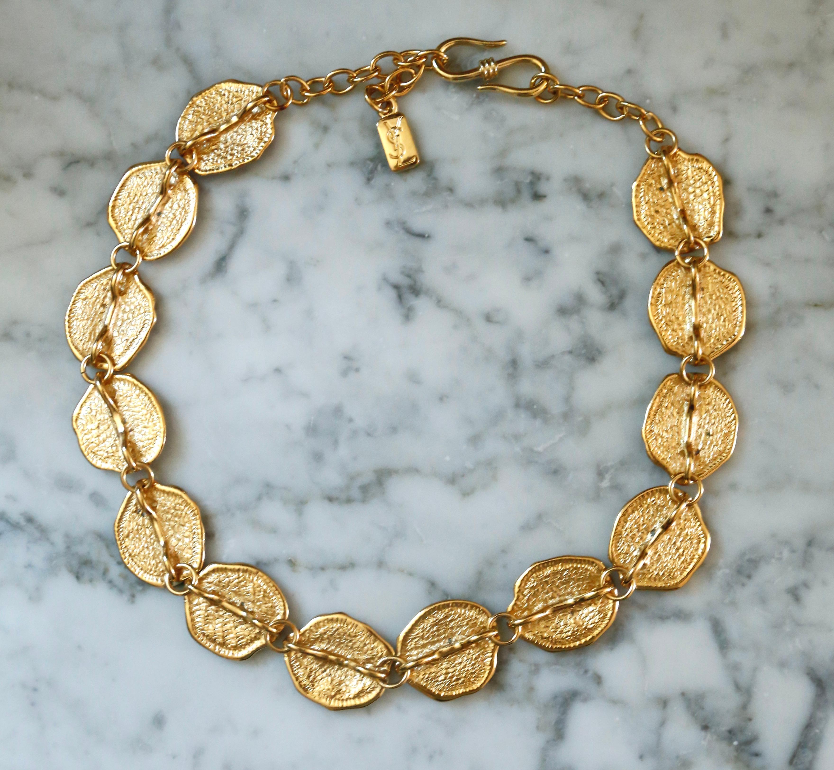 vintage 1990's YVES SAINT LAURENT gilt hammered link necklace with shell detail 1