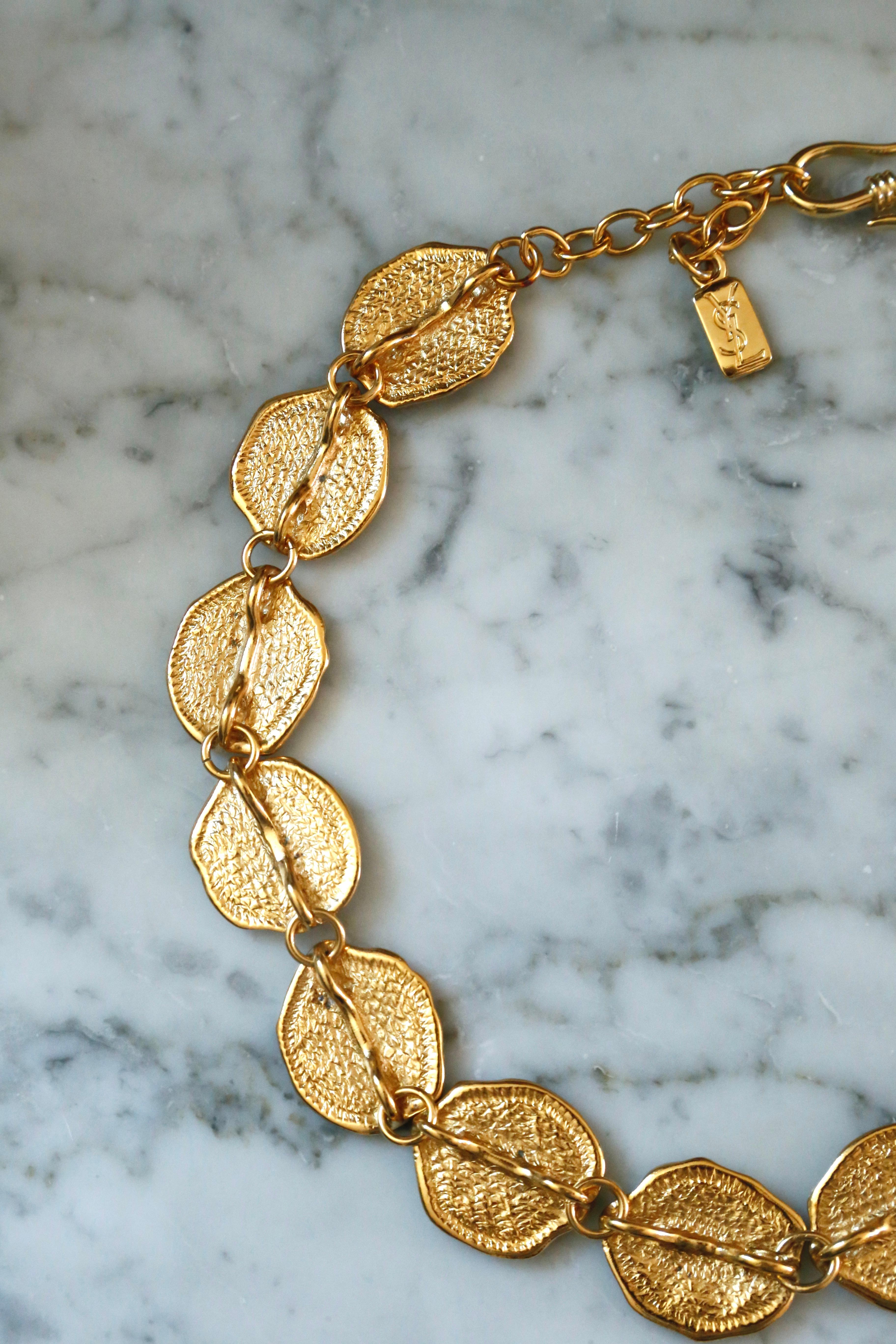 vintage 1990's YVES SAINT LAURENT gilt hammered link necklace with shell detail 2