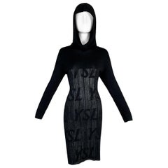 Vintage 1990's Yves Saint Laurent Logo Monogram Hooded Black Knit L/S Dress