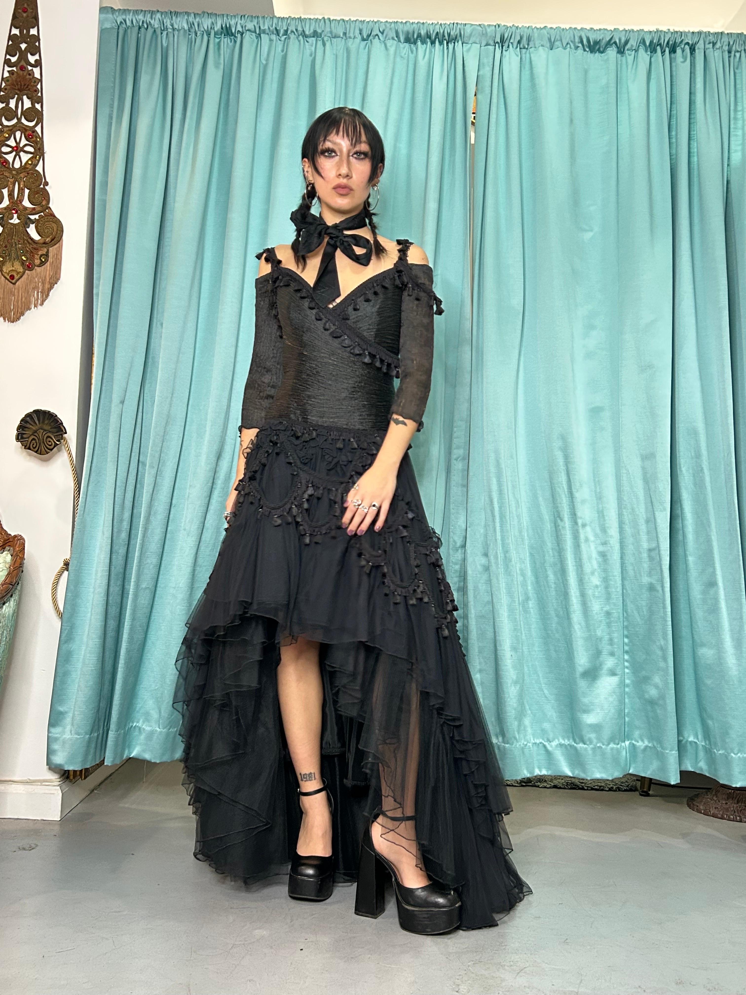 1990's Zandra Rhodes Sheer Black Tulle Bare Shoulder Tassel High-Low Gothic Gown For Sale 3