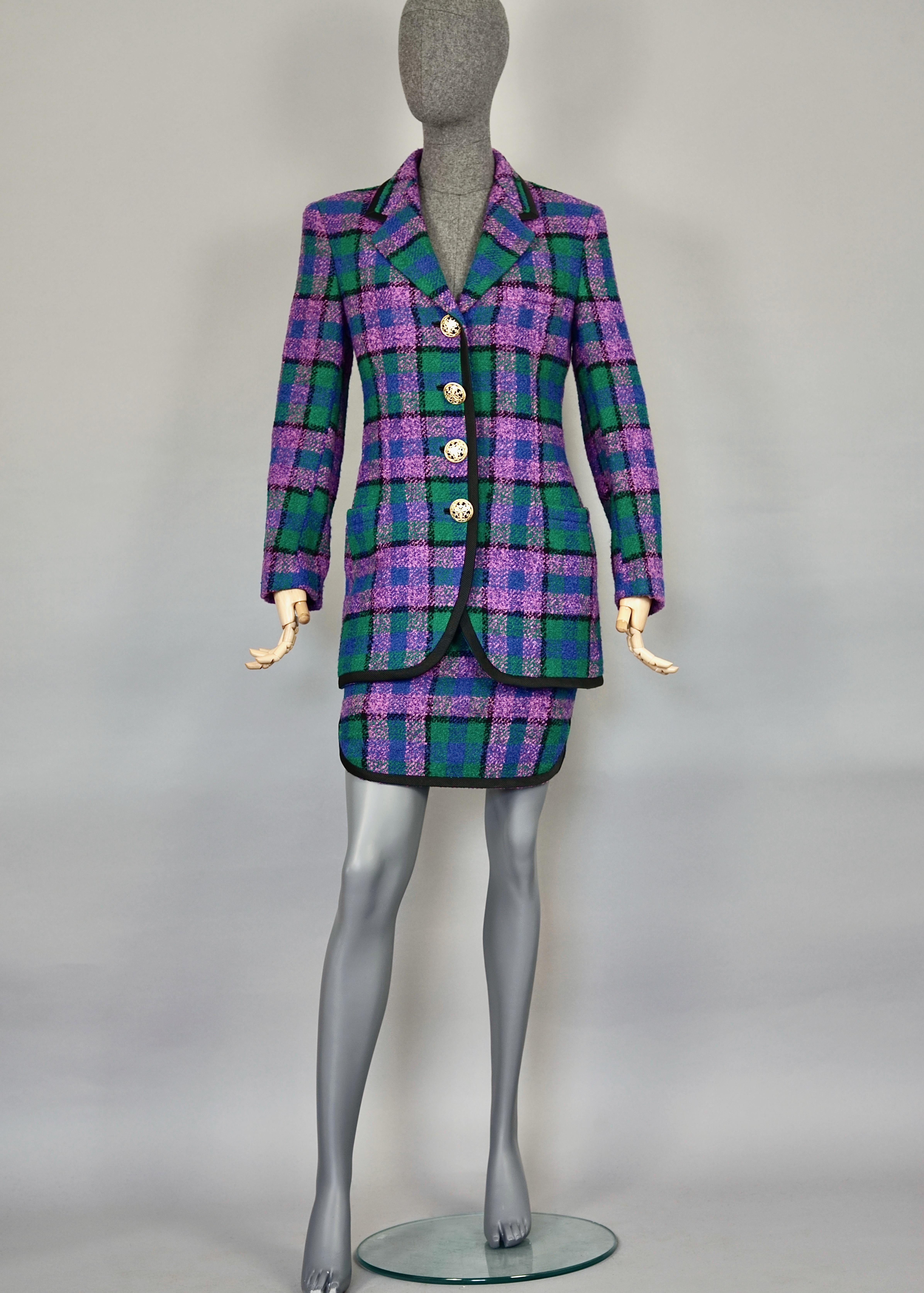 Vintage 1991 A/W GIANNI VERSACE Couture Plaid Tartan Jacket Skirt Suit

Measurements taken laid flat, please double bust, waist, hips and hems:
JACKET
Shoulder: 15.35 inches (39 cm)
Sleeves: 23.22 inches (59 cm)
Bust: 17.71 inches (45 cm)
Waist: